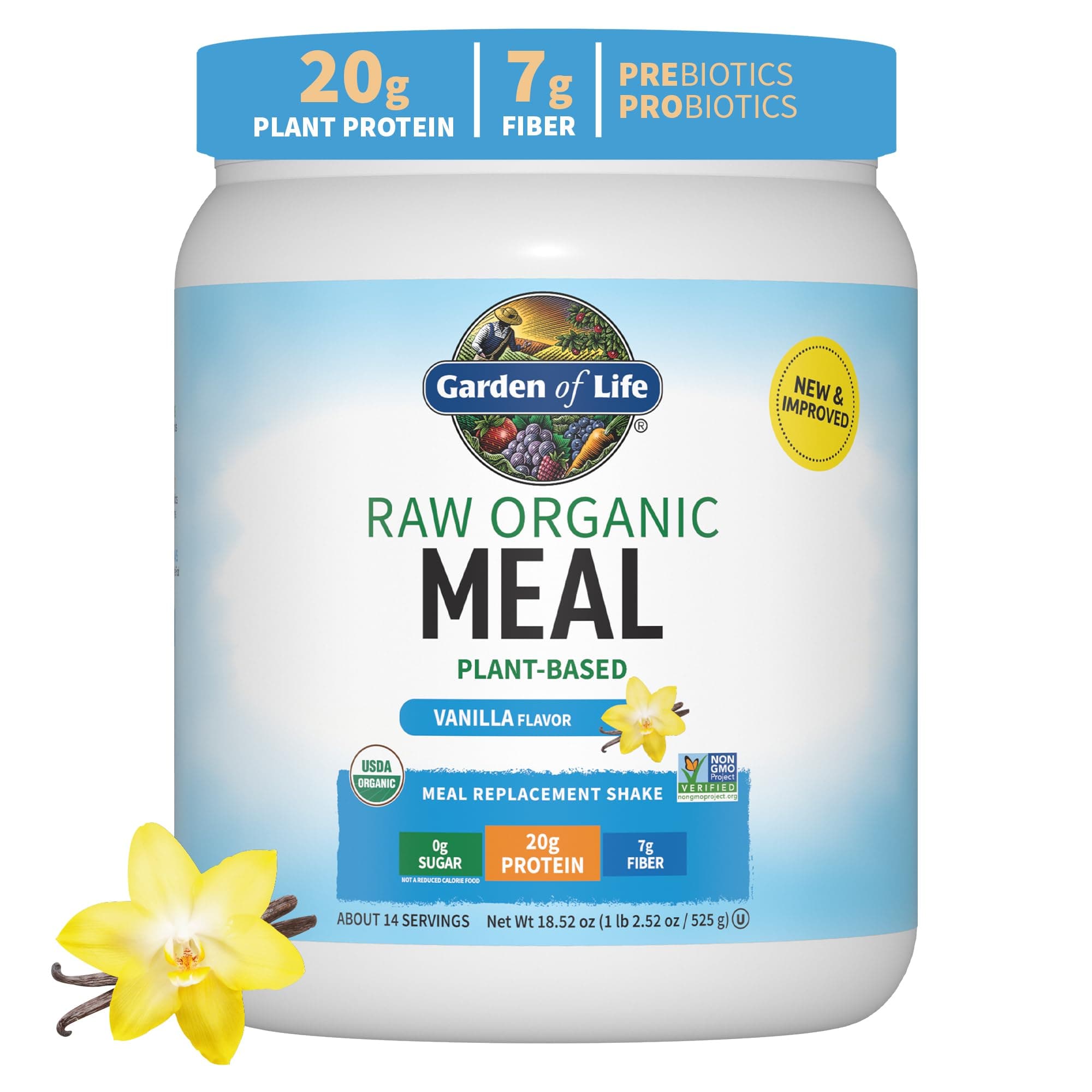 Meal Replacement Vanilla Powder, 14 Servings, Organic Raw Plant Based Protein Powder, Vegan, Gluten-Free
