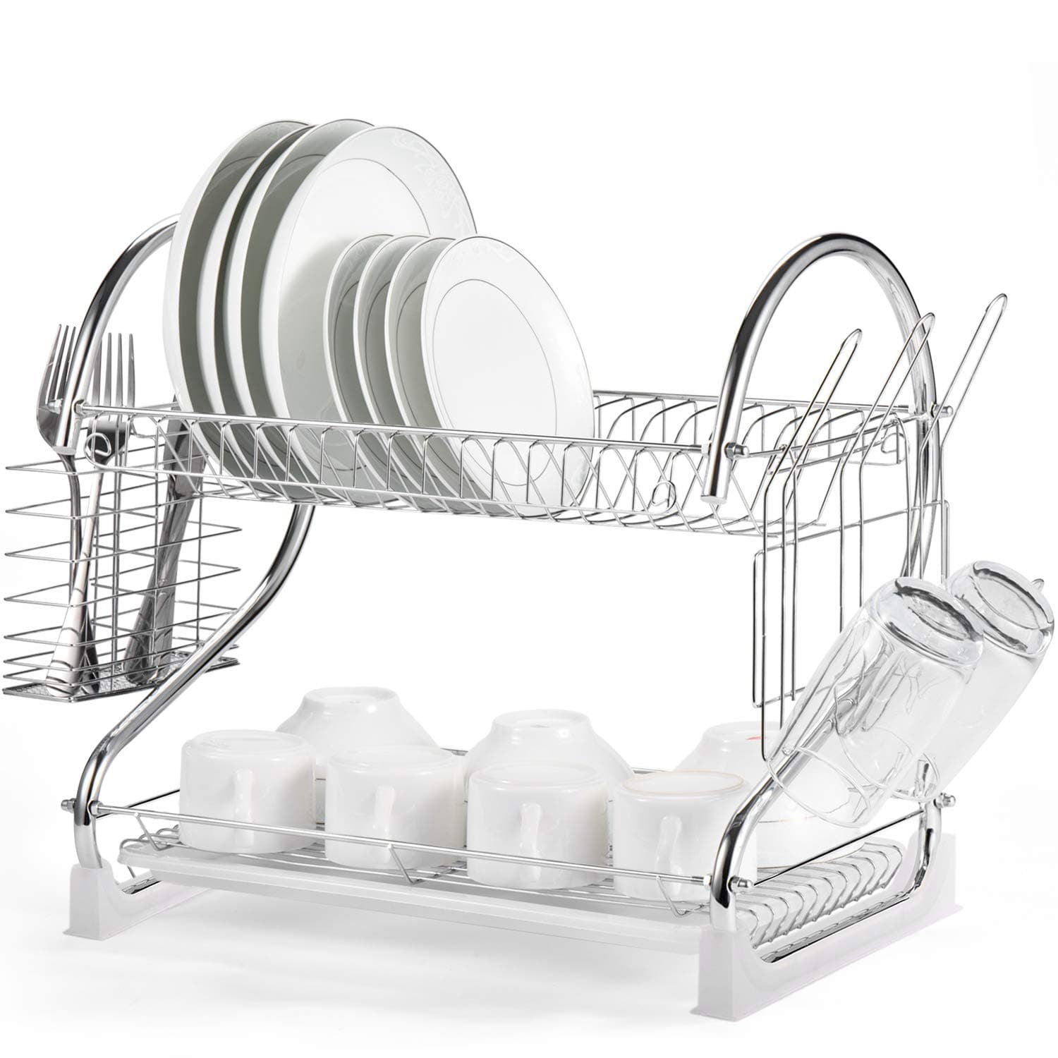 Glotoch 2 Tier Dish Drying Rack Kitchen Organizer Storage, 2021 Upgraded Base with Chrome Rustproof Coating, Cup Holder and Utensil Holder and Water Catching Drip Tray 16.5 x 10 x 15 Inches