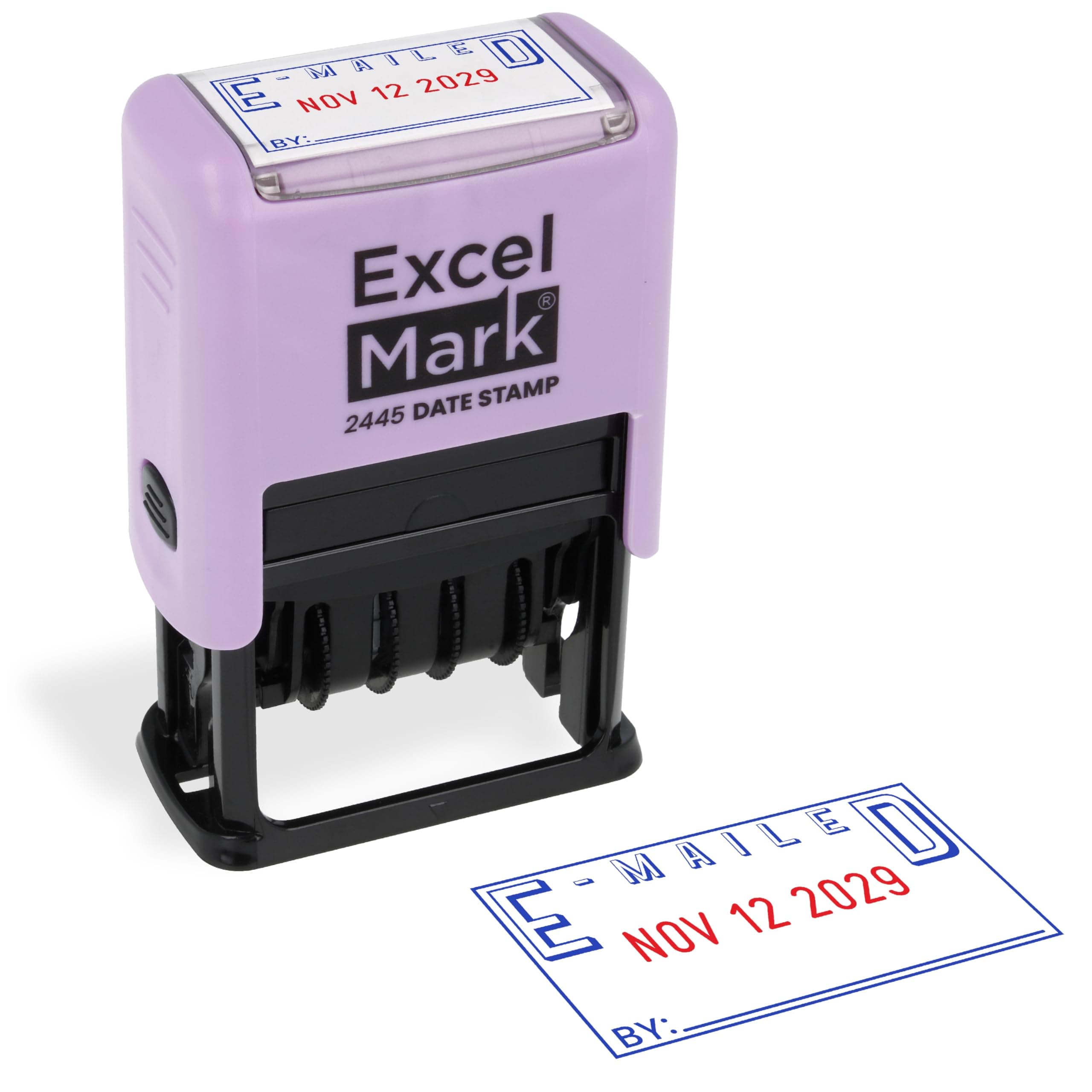 ExcelMark 2445 Date Stamp with Text - Blue and Red Ink (Violet Mount, Emailed)