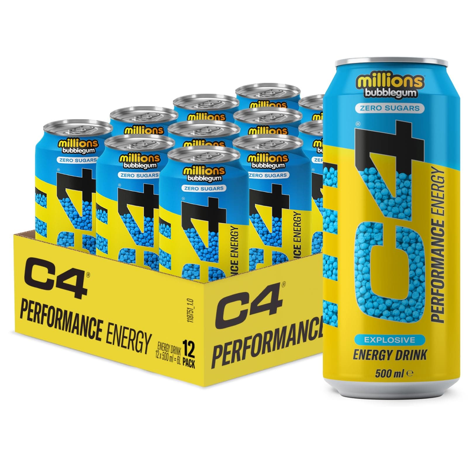 C4 Performance Energy Drinks Millions Bubblegum 500ml (12 Pack) | Sugar Free Energy Drink with 160mg Caffeine, 250mg Betaine, 1050mg Taurine | Low Calorie Fizzy Drinks for On The Go Energy and Focus