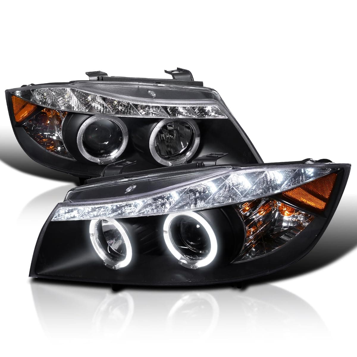 SPEC-D TUNING LED Strip Black Projector Headlights Compatible with 2006-2008 BMW E90 3-Series 4 Door Sedan, Left + Right Pair Headlamps Assembly