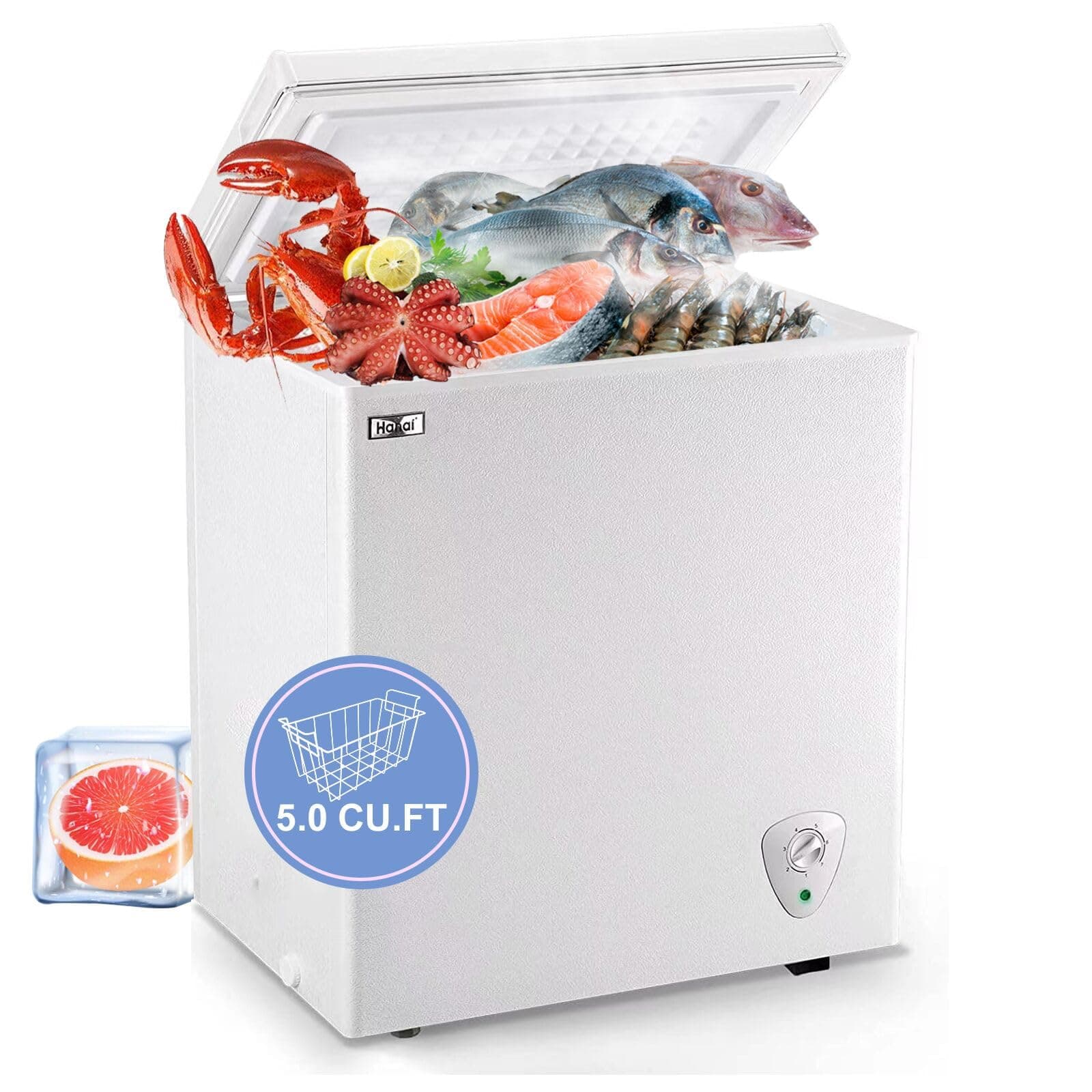 - Chest Freezer Deep Freezer 5.0 Cu.Ft Mini Freezer White Free-Standing Top Door Adjustable 7 Thermostat and Removable Basket Open Deep Freezer Energy Saving Garage Basement Apartment Kitchen