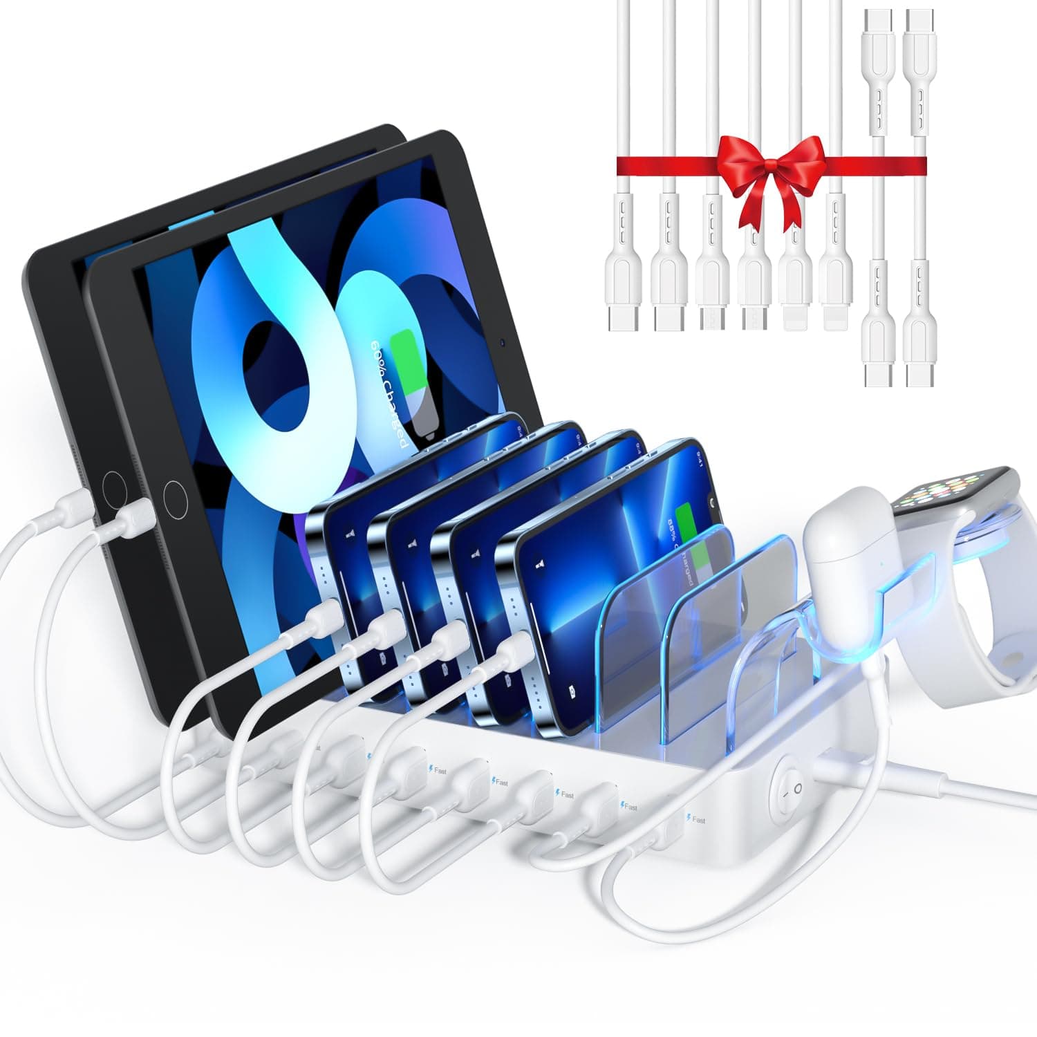 SooPii 8-Port USB-C Charging Station for Multiple Devices, with 1 PD 20W Port Supports Fast Charging, 8pcs Mixed Charging Cables and 1pcs Upgraded Holder for lWatch Charger & Air-Pods, White