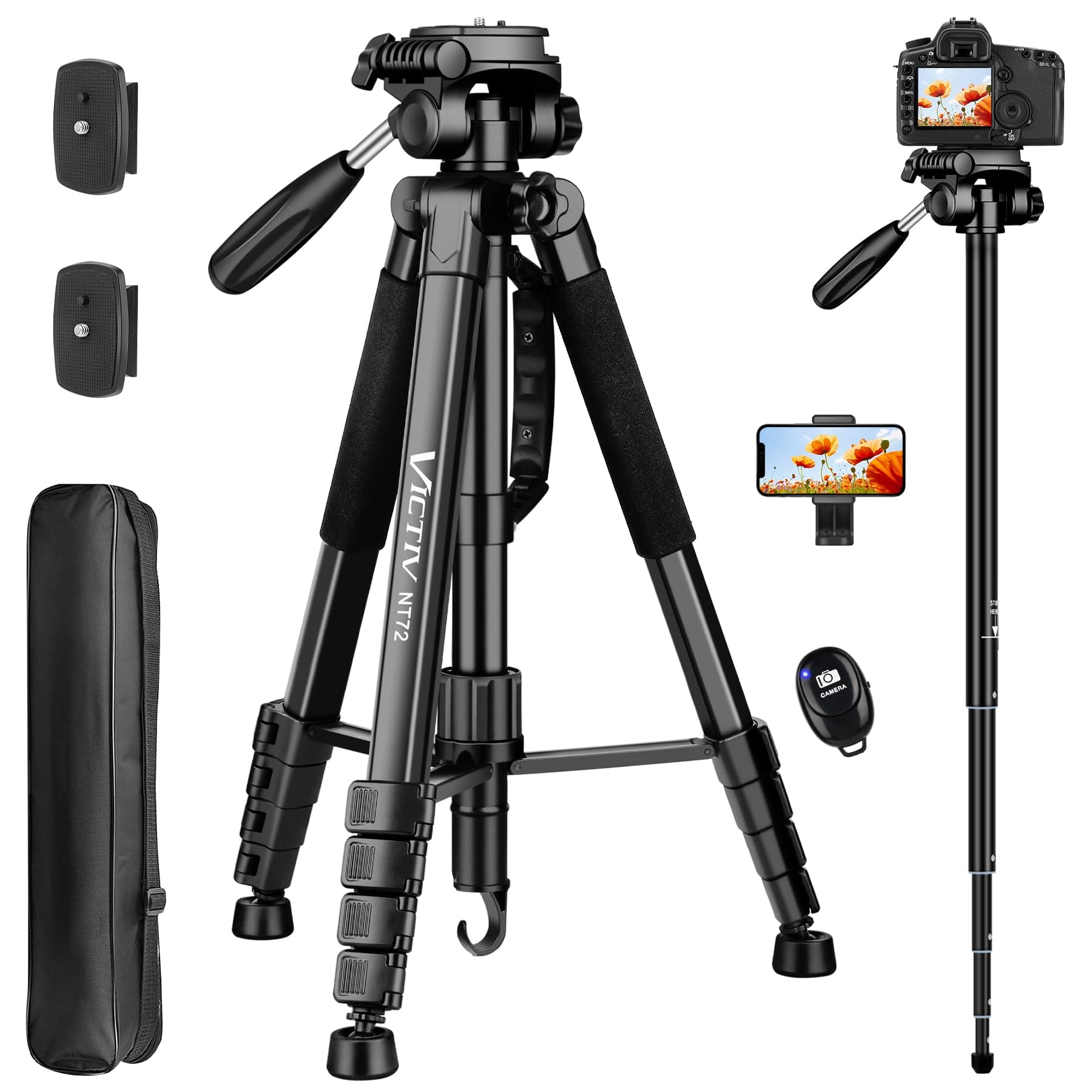 Tripod for Camera, 72" Tall Camera Tripod Monopod with Remote, Professional Heavy Duty Compact Camera Stand for Phone,DSLR, Spotting Scope, Telescope, Binocular