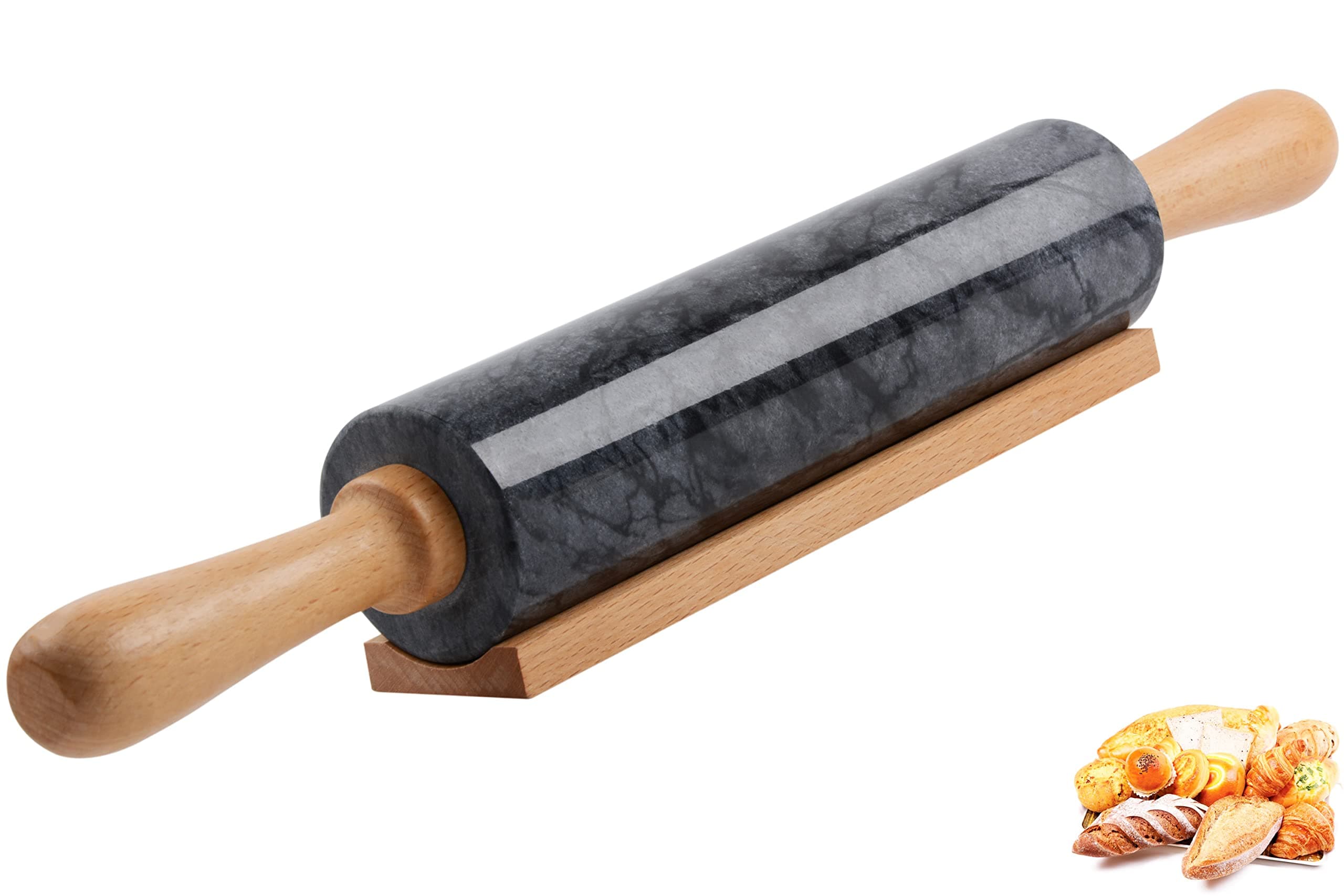 Marble Rolling Pin with Wooden Cradle Thick Handle Set for Baking,18.5 inch Premium Quality Polished Roller for Pizza Dough,Fondant,Pie Crust,Non-Stick Surface Easy to Clean(Black)