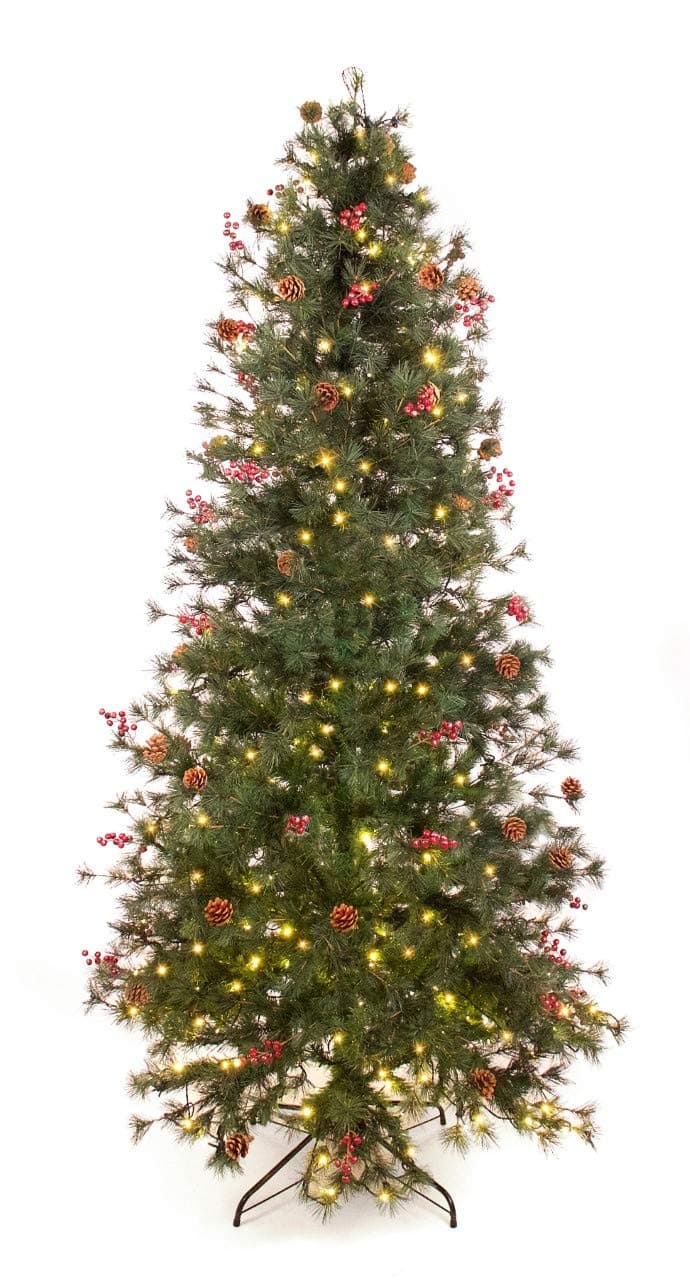 Best Artificial 7.5ft / 225cm Pre Lit Norwegian Pine Decorated Christmas Tree with Red Berries & Pine Cones