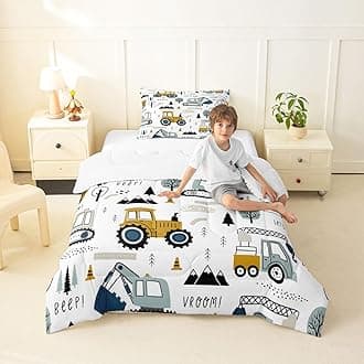 Cartoon Car Kids Comforter Set Construction Bedding Set for Boys Toddler Decor Equipment Trucks Comforter Cartoon Car Excavator Tractor White Yellow Duvet Set 2Pcs Twin with 1 Pillow Case