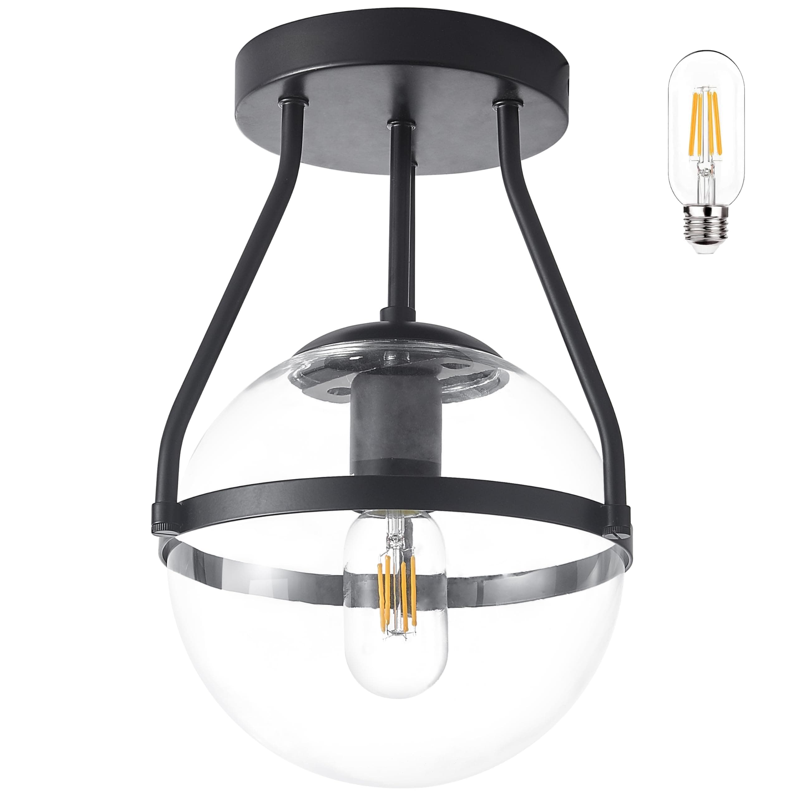 8 Inch Mid Century Ceiling Light Modern Black Semi Flush Mount Ceiling Light with Clear Glass Shade Globe Semi Flush Mount Ceiling Light Fixture for Bedroom Hallway Bathroom Foyer (Bulb Incl.)