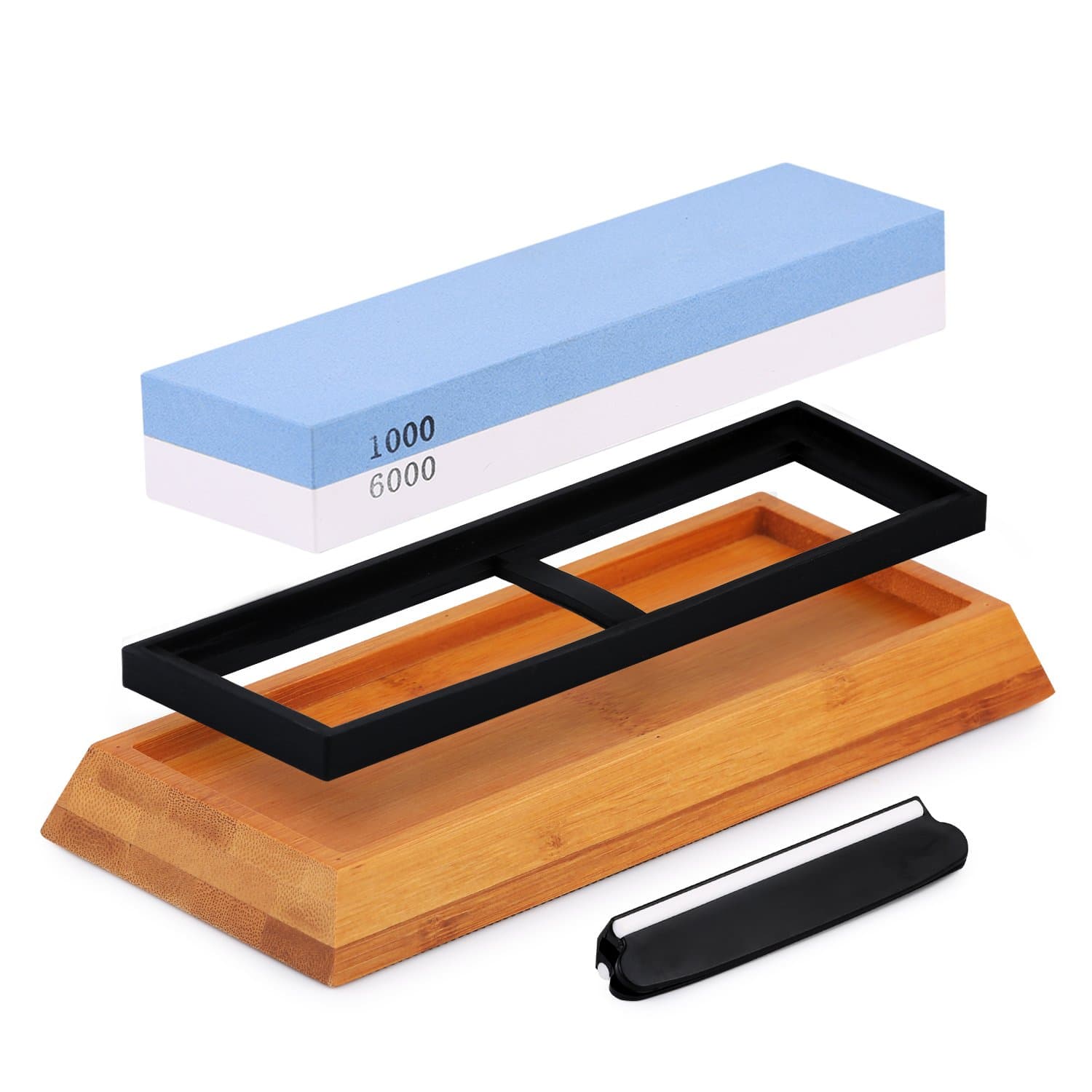 Knife Sharpening Stone Whetstone, 2-Sided Professional Grade Waterstone Blade Sharpener, 1000 / 6000 Grits, Includes Non-Slip Base and Angle Guide