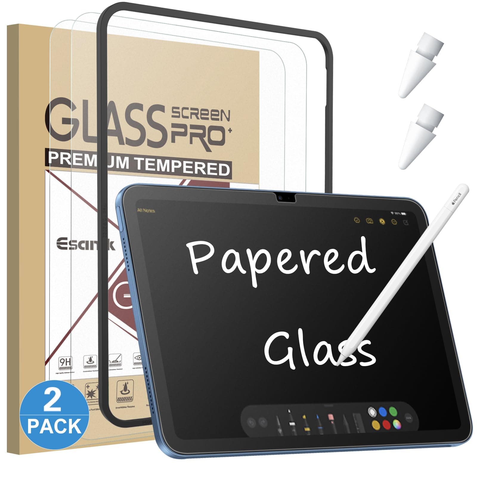 Esanik 2 Pack Like Paper Glass Screen Protector for iPad 11th/10th Generation A16(11/10.9 Inch, 2025/2022) 9H Tempered Glass Film with Alignment Frame, Writing Like on Paper, Apple Pencil Compatible