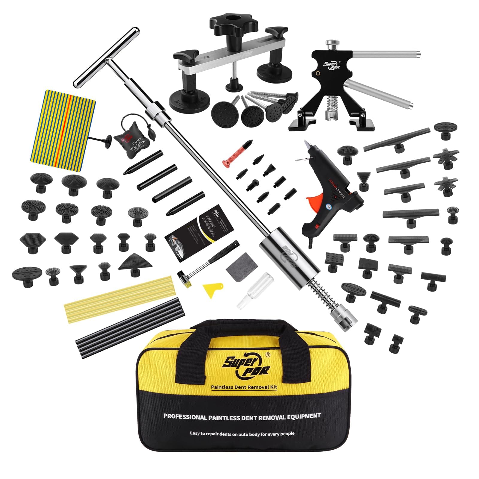 Car Dent Puller Kit, Dent Remover Tool for Car Dent Repair with High Adhesive Puller Tabs, Hot Glue Gun & Sticks, Slide Hammer T-Bar, Air Wedge, PDR Tools for Paintless Dent Removal at Home Garage