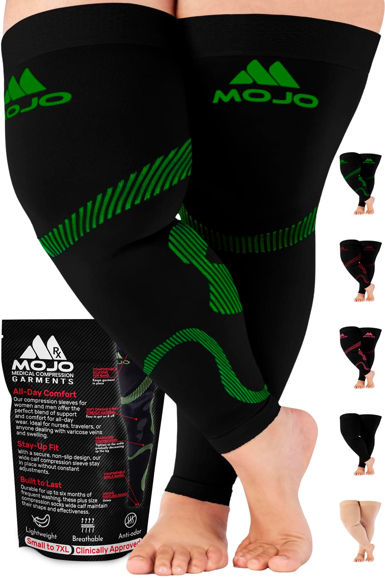 Mojo Compression Socks - 20-30mmHg Graduated Support Thigh-Hi Leg Sleeves with Grip Top - 10 Sizes, 5 Colors - Reduces Swelling, Ideal for Varicose Veins, Lymphedema, DVT Treatment - 1 Pair