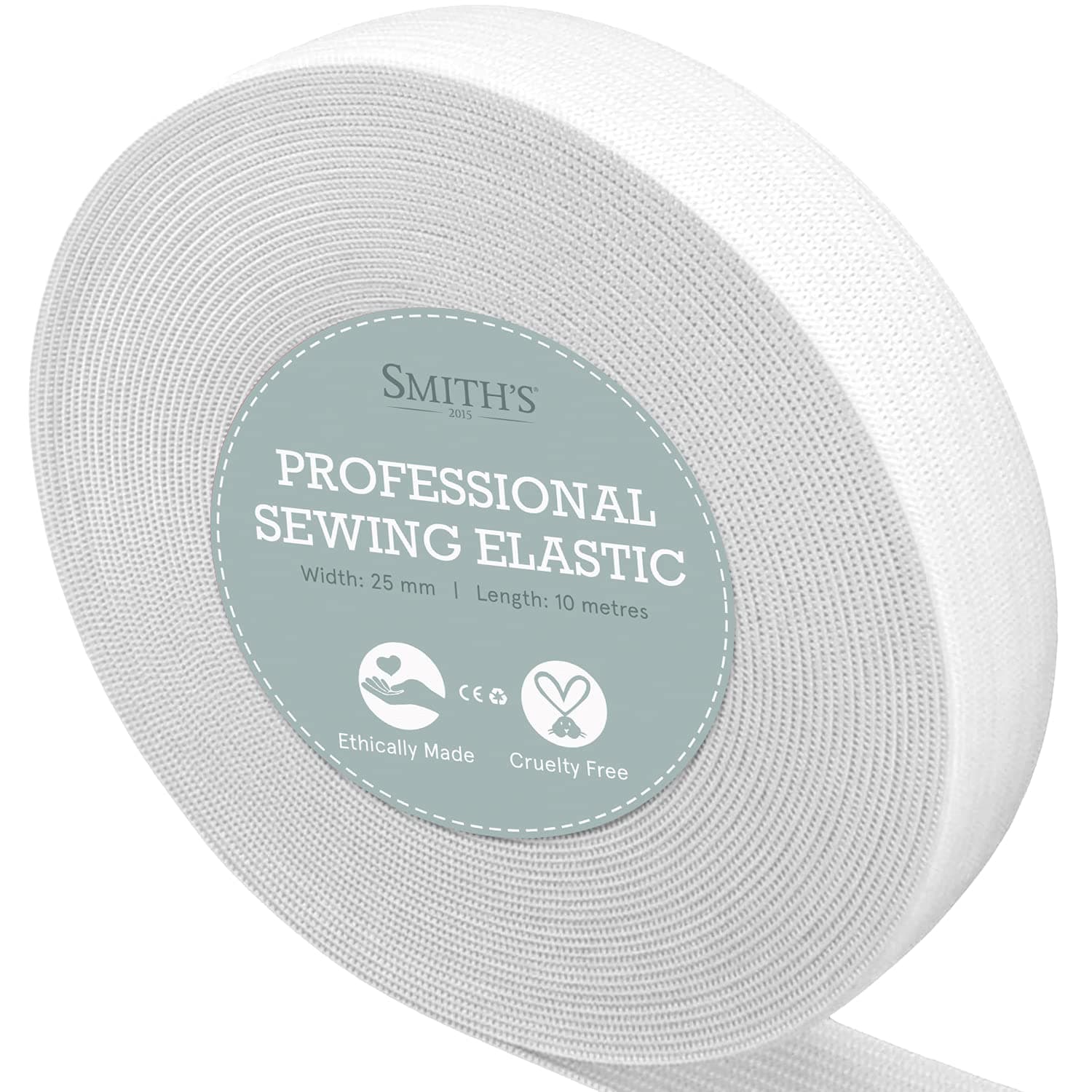 White Elastic Band by Smith’s® | 25mm (1 Inch) Width | 10 Metres (11 Yards) Length | Flat Cord | for Sewing, Arts & Crafts, Dressmaking, Waistband, Haberdashery, Wig, DIY, Clothing