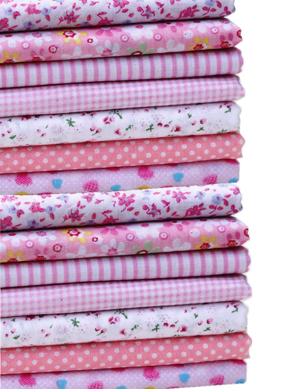 Miss Craft MSCFTFB 14 Pieces Assorted 7 Designs Cotton Square Fabric Bundles Sewing Square Patchwork Precut Fabric Scraps for DIY Quilting Applique Doll Dress Making (Baby Pink)