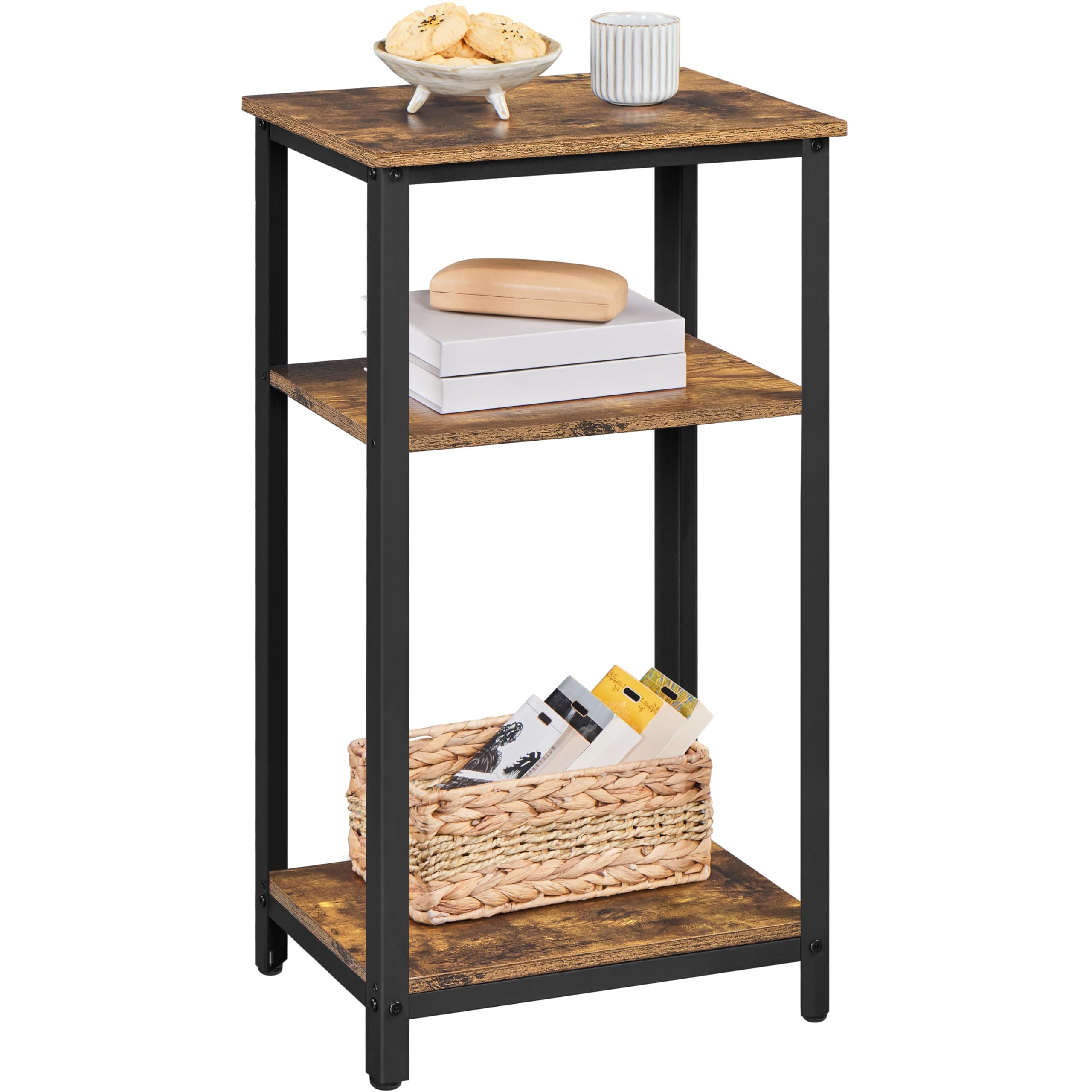 Yaheetech 3-Tier Tall Side Table, Open Shelf & Steel Frame, Industrial 75cm Sofa Side Telephone Table for Living Room Bedroom, Rustic Brown