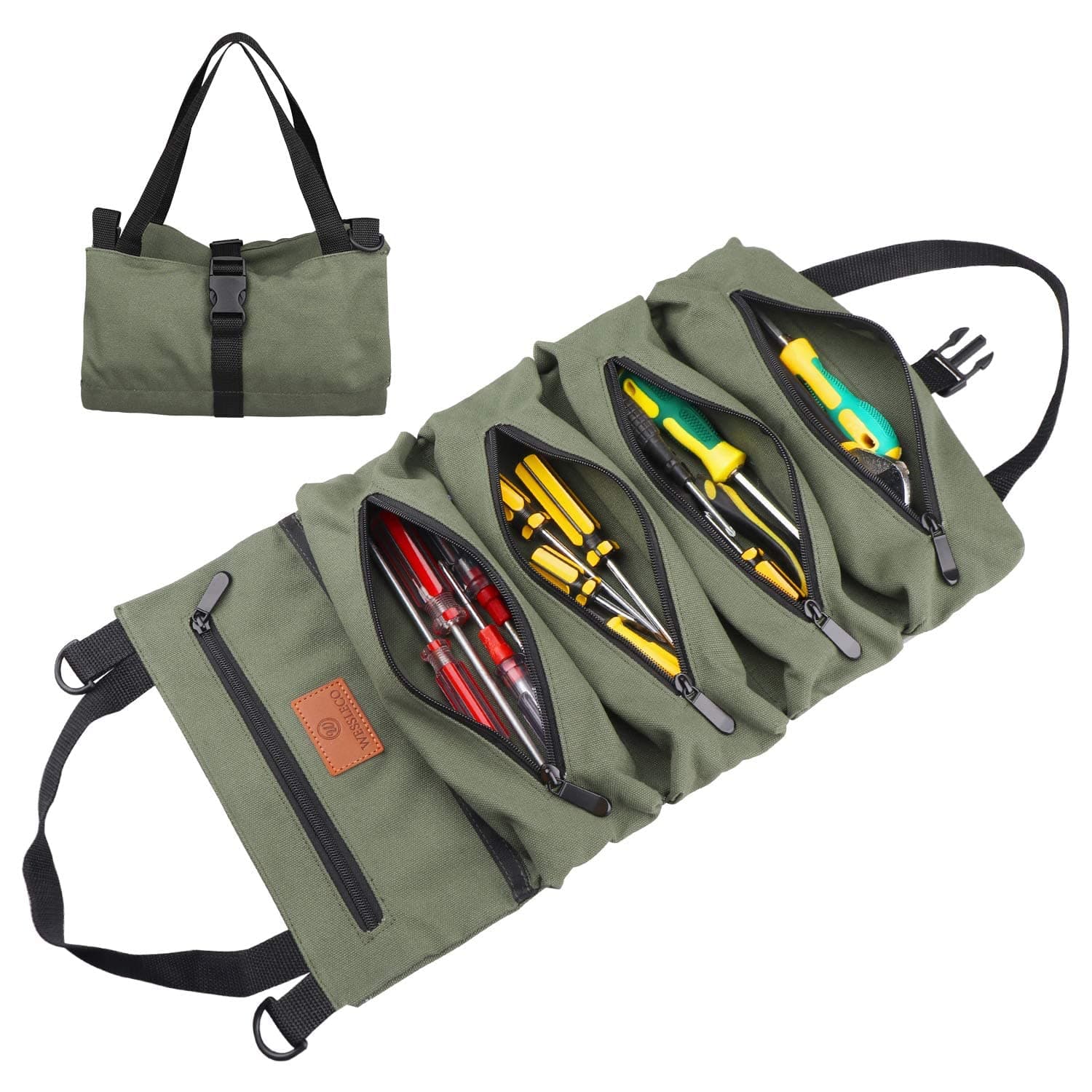 FIREDOGFIREDOG Roll Up Pouch, Wrench Roll Up Bag Multi-Purpose Canvas Tool Organizer (Green)