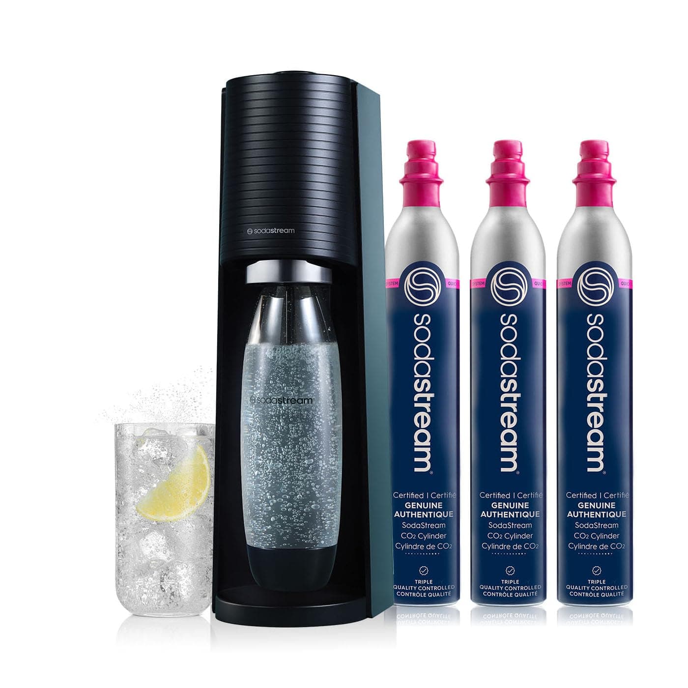 Terra Sparkling Water Maker Bundle in Black - includes 3-Pack CO2 and Carbonating Bottle