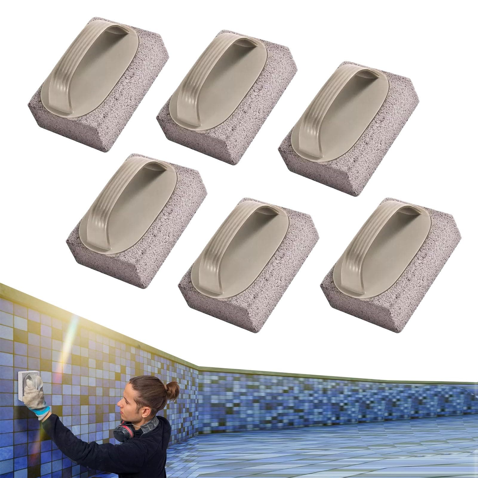 CLOUDEMO Hand-Held Pools Pumice Stone, Pool Cleaning Block with Handle, Pool Pumice Stone for Cleaning Tiles (6PCS)