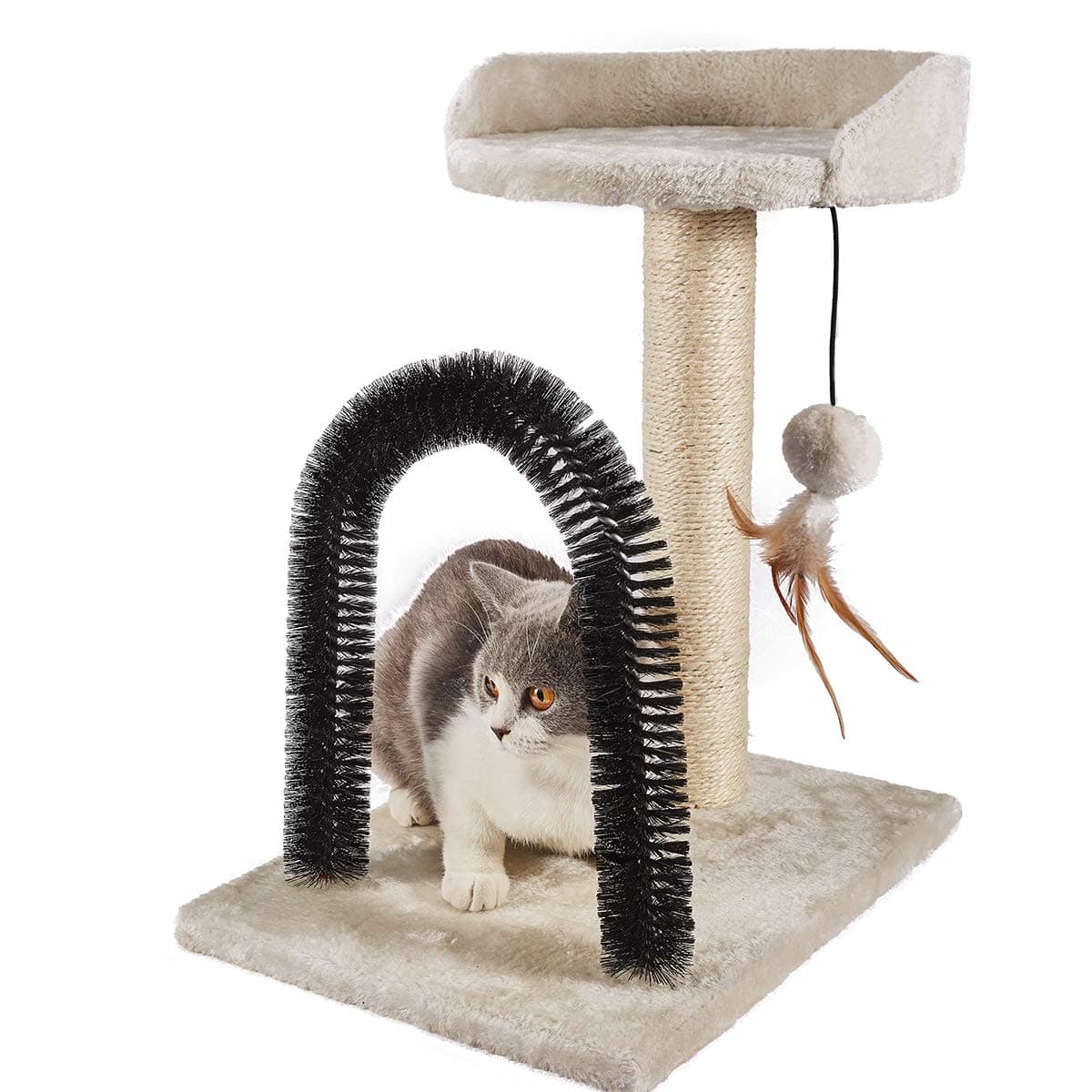 PEEKAB Cat Scratching Post with Tower Tree and Arch Self Groomer Massager Brush Kitty Ball Toys for Kittens and Small Cats