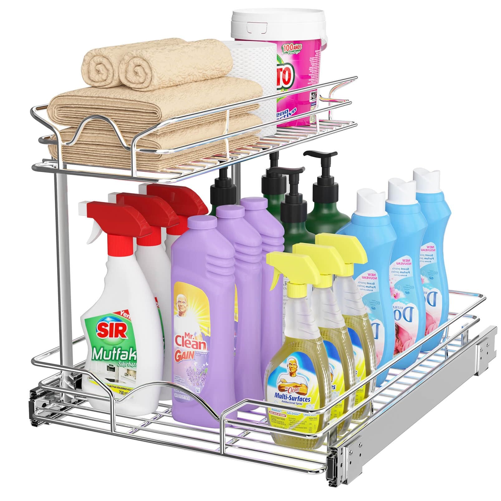OCG Under Sink Cabinet Organizer Two Tier Pull Out Shelf (14.75W x 17D), Under Sink Sliding Shelf for Kitchen Bathroom Cabinet 2 Tier Chrome