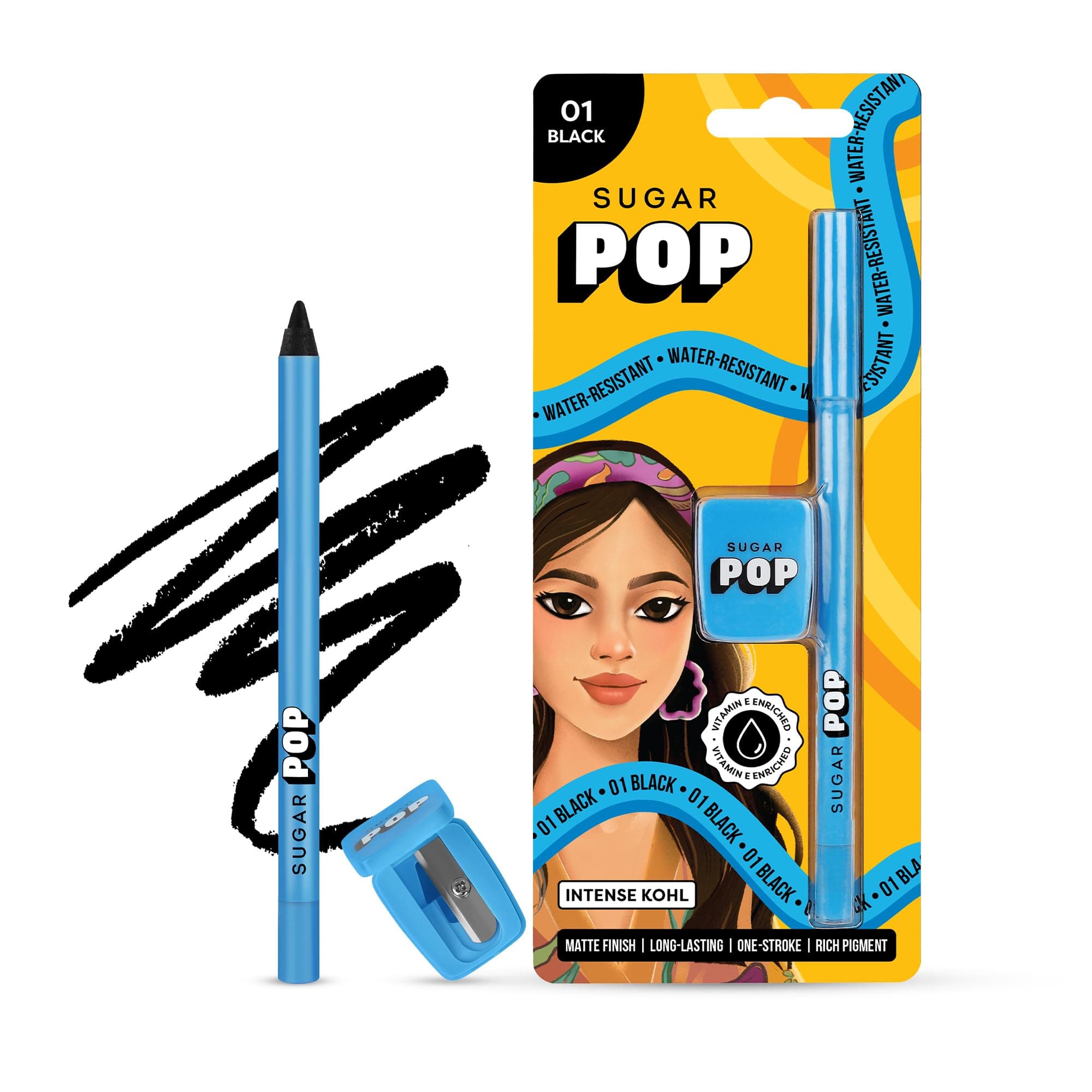 SUGAR POP Intense Kohl Pencil 01 Black - 1.2 gms - Water-resistant | Smudge-proof | Creamy Texture | Sharpener Included