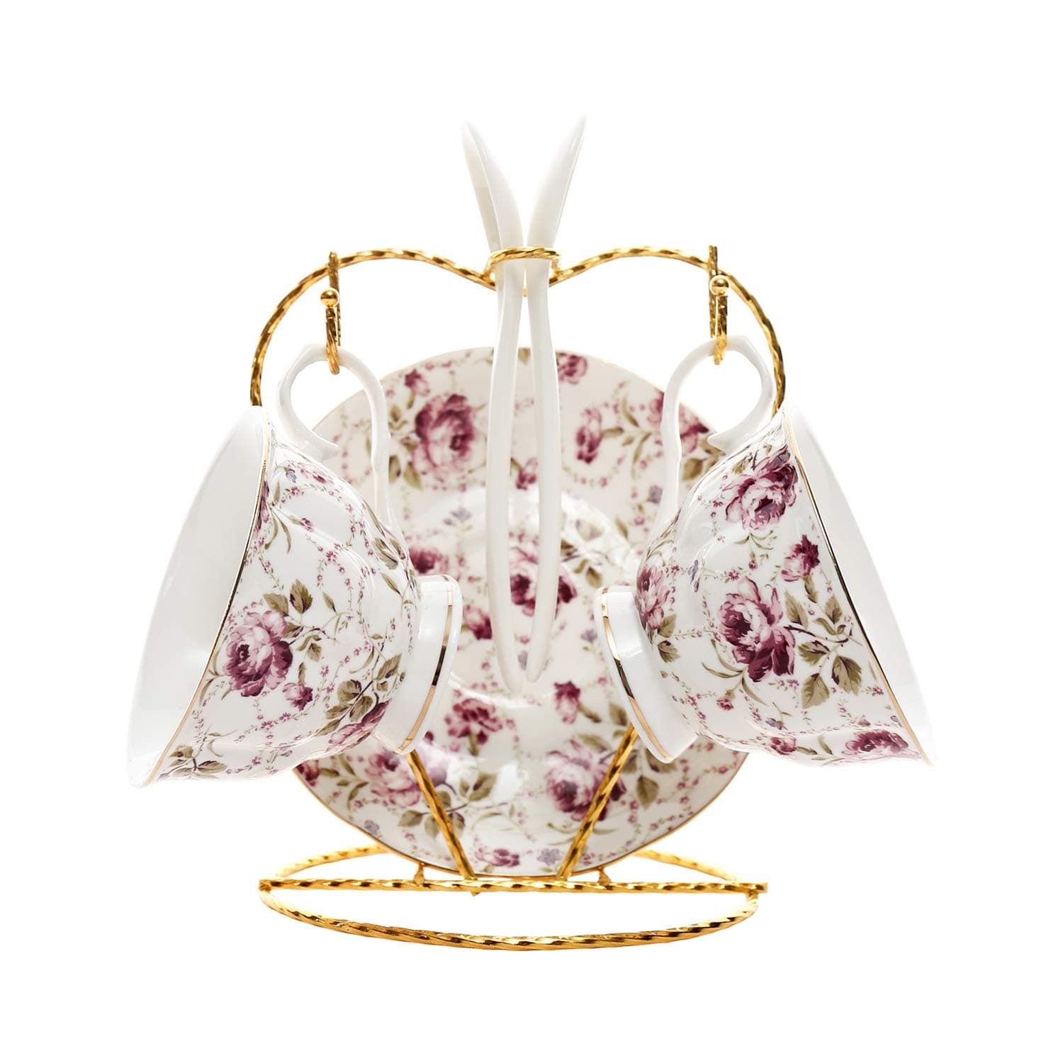 ufengke 5oz Flower Coffee Cup Set,Small Capacity Ceramic Tea Cup with Saucer,Spoon,Shelf,Set of 2 Fine Bone China Coffee Cups