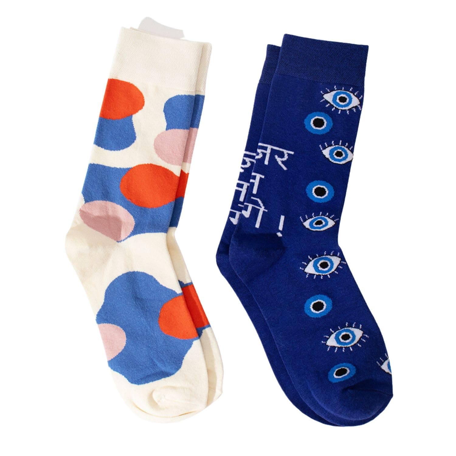THELA GAADI Evil Eye & Abstract Pattern Printed Socks | Pure Cotton Printed Funky Socks for Men & Women | Unisex, Crew Length Socks | Odour Free, Breathable, Adaptive Fit | Pack of 2, Multicolour,