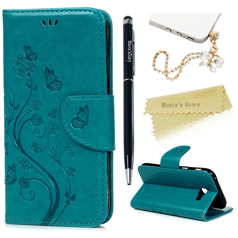 Galaxy A5 Case 2017 Mavis's Diary PU Leather Wallet Flip Cover Butterfly Flowers Magnetic Card Holders Case for Samsung Galaxy A5 2017 with Hand Strap /Butterfly Dust Plug &Stylus Pen Turquoise