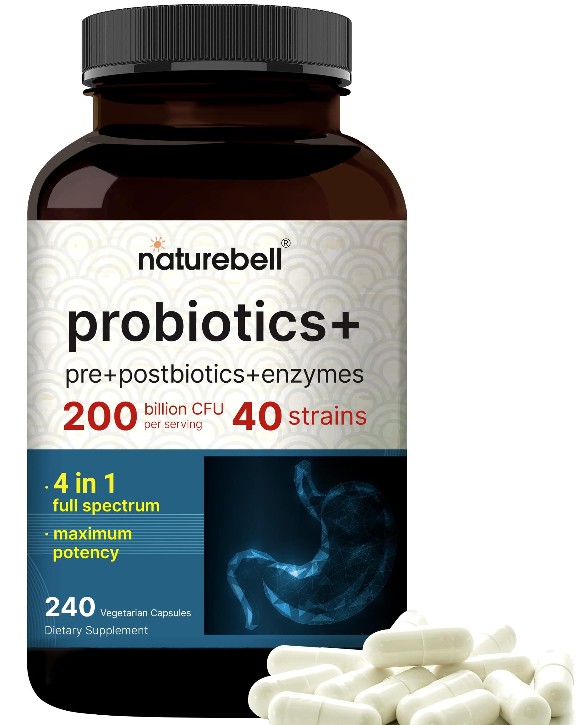 Probiotic 200 Billion CFU – 40 Strains Per Serving | 240 Veggie Capsules with Prebiotics and Probiotics – Full Spectrum Complex with Enzymes – Daily Probiotics for Women & Men