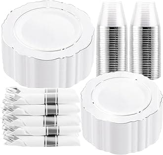 WDF Partyware350Pcs Silver Plastic Plates with Disposable Silverware and Cups, include: 50 Dinner Plates 10.25”, 50 Dessert Plates 7.5”, 50 Silver Rim Cups 9 OZ, 50 Pre Rolled Napkins Packed in