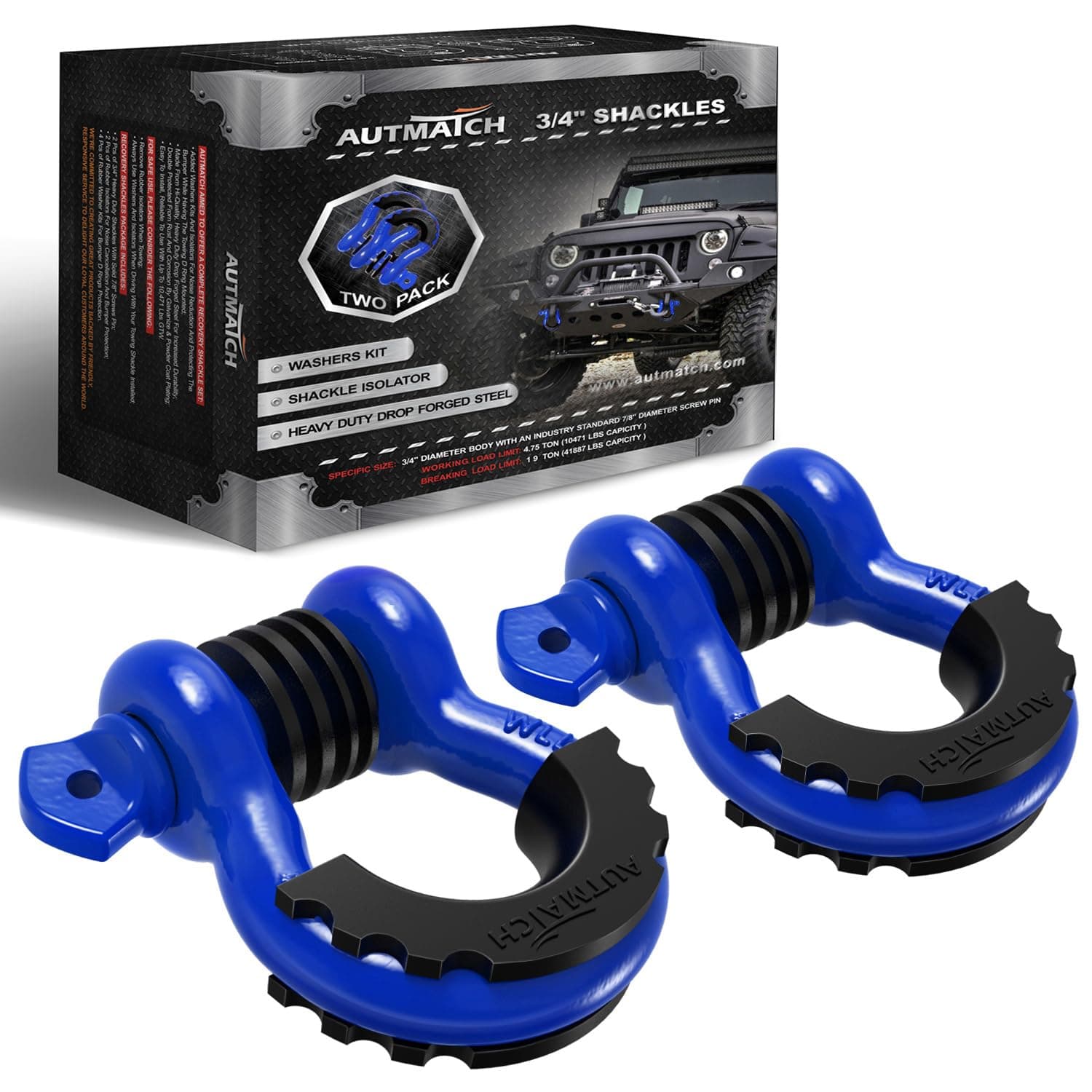 AUTMATCH D Ring Shackle 3/4" Shackles (2 Pack) 41,887Ibs Break Strength - Clevis Shackle with 7/8" Screw Pin and Shackle Isolator Washers Kit for Tow Strap Winch Off Road Vehicle Recovery, Blue
