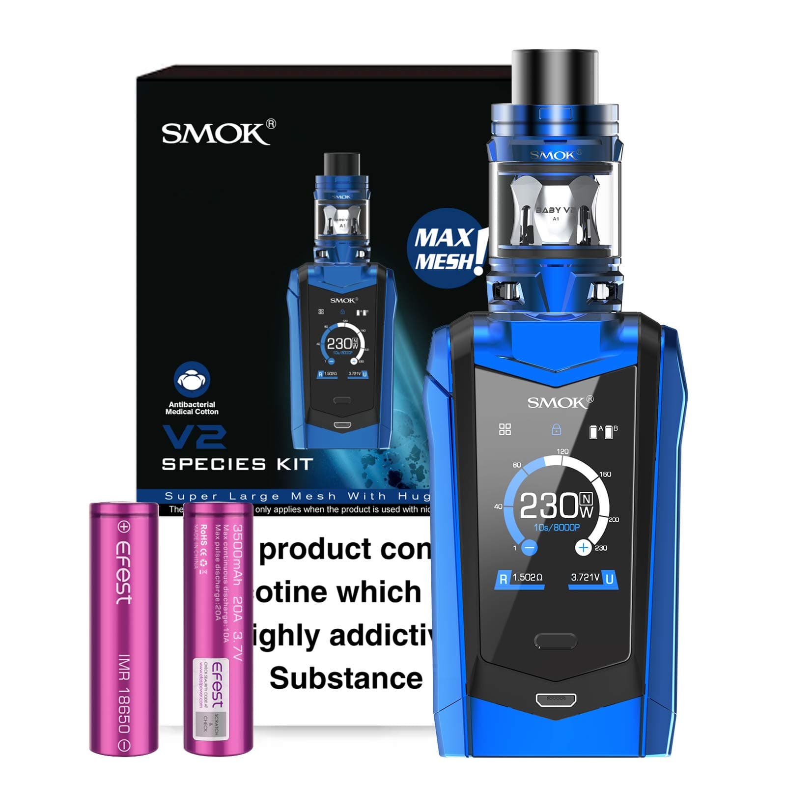 Electronic Cigarette，Authentic Smok 230W Species Kit with Touch Screen, TPD Tank and Rechargeable Efest 3000mah Batteries, No Nicotine, No Liquid (Blue)