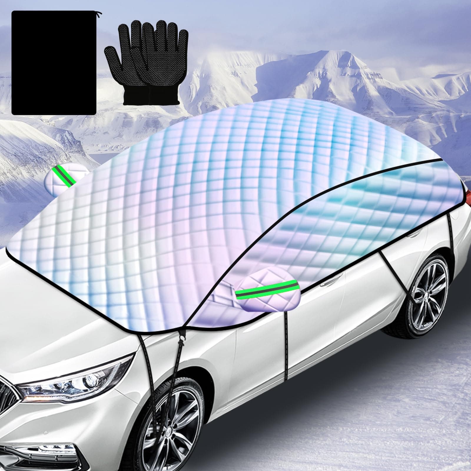 Half Car Cover 142in for Snow and Sun, Windshield Protector for Winter Ice UV, Waterproof Hood Shield for SUV Sedan, Quick Install for Outdoor Parking Tree Shade Garage Driveway Frost Rain Use