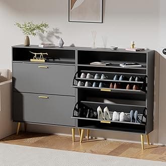 JOZZBY Shoe Cabinet for Entryway, Narrow Shoe Storage Cabinet with 2 Flip Drawers, Freestanding Hidden Shoe Rack Storage with Open Shelves for Hallway, Living Room, Set of 2, Black