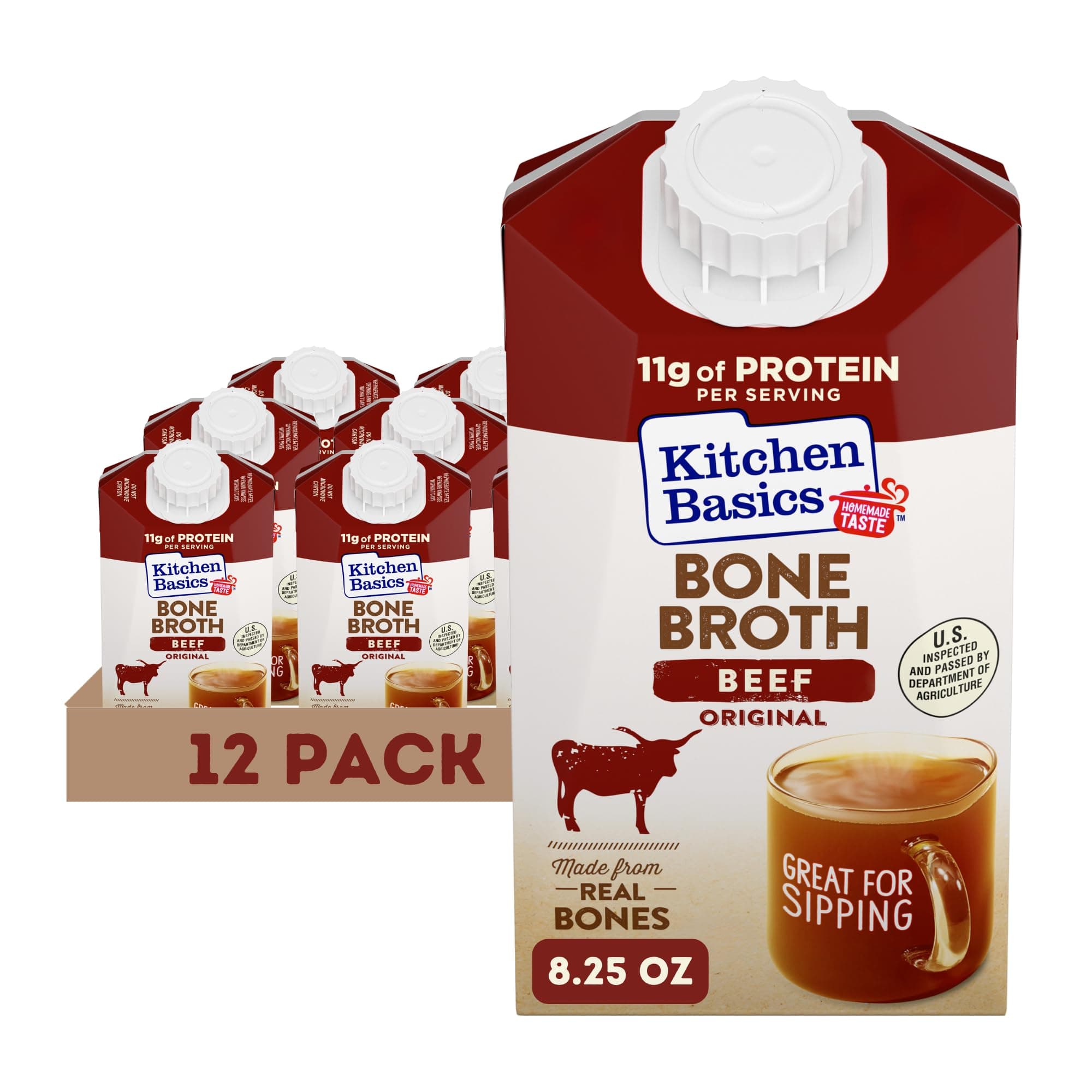 Kitchen Basics Beef Bone Broth, 8.25 oz Carton, a Delicious Boost of Flavor to soups and gravy, Great for Sipping and a Source of Protein