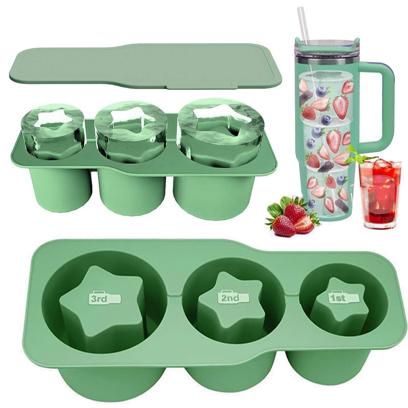 ice cube mold for Stanley 30-40 oz accessories, Silicone Ice Cube Tray for Tumbler Cups with Sealing Lid, Make 3 Pentagram cylinder Large Ice Cubes for Chilled Drinks Coffee Whiskey (Green)