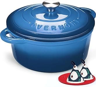 Overmont 24cm/4.2L Enamelled Cast Iron Round Casserole Pot With Lid Cookbook & Cotton Potholders - Non-stick Dutch Oven Cookware for Braising, Stews, Roasting, Bread Baking - Sapphire blue, 4.5QT
