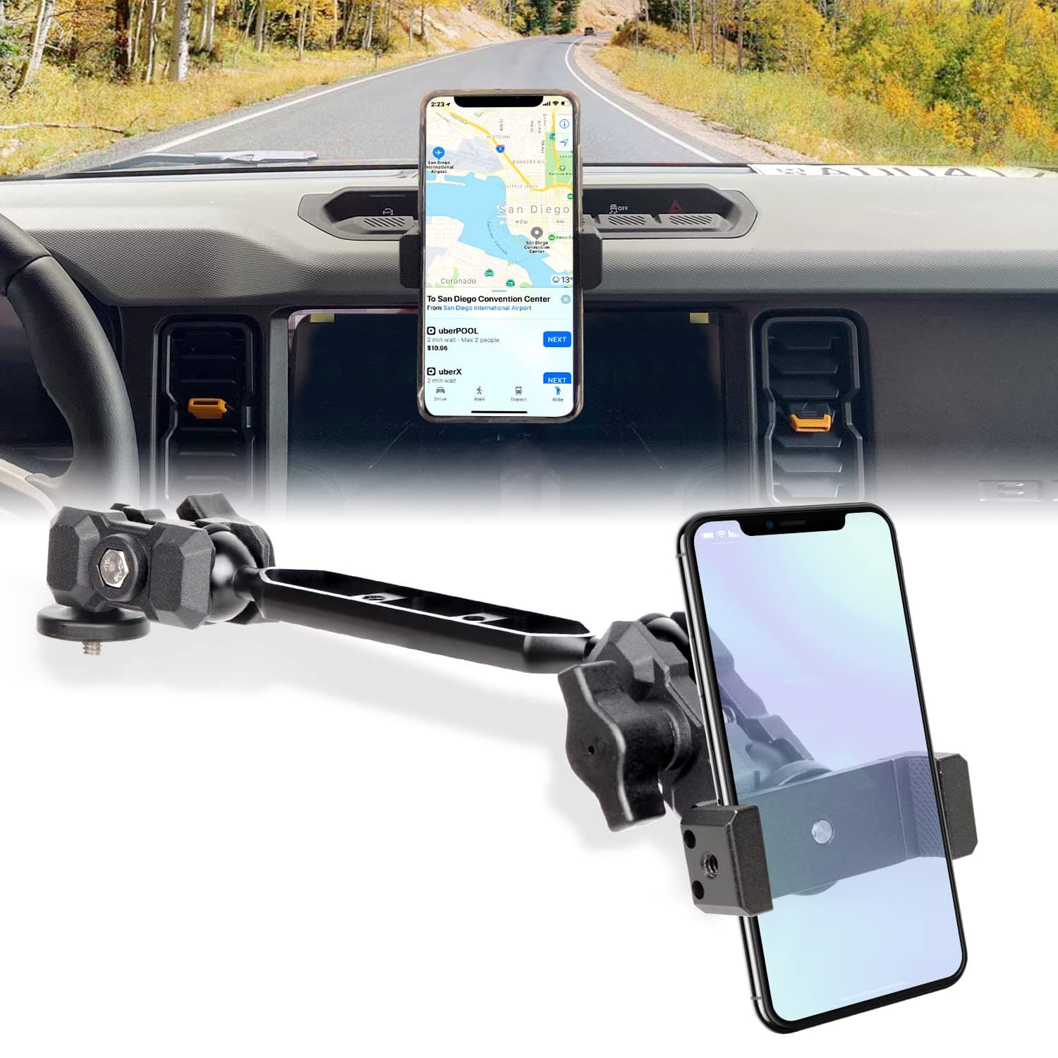 OMU Bronco Phone Mount,2 Stage Ball -Socket Design, All-Metal Structure,360° Adjustment Dashboard Cell Phone Mount Suitable for Ford Bronco 2021+ for All Smartphones(Non-Destructive Installation)