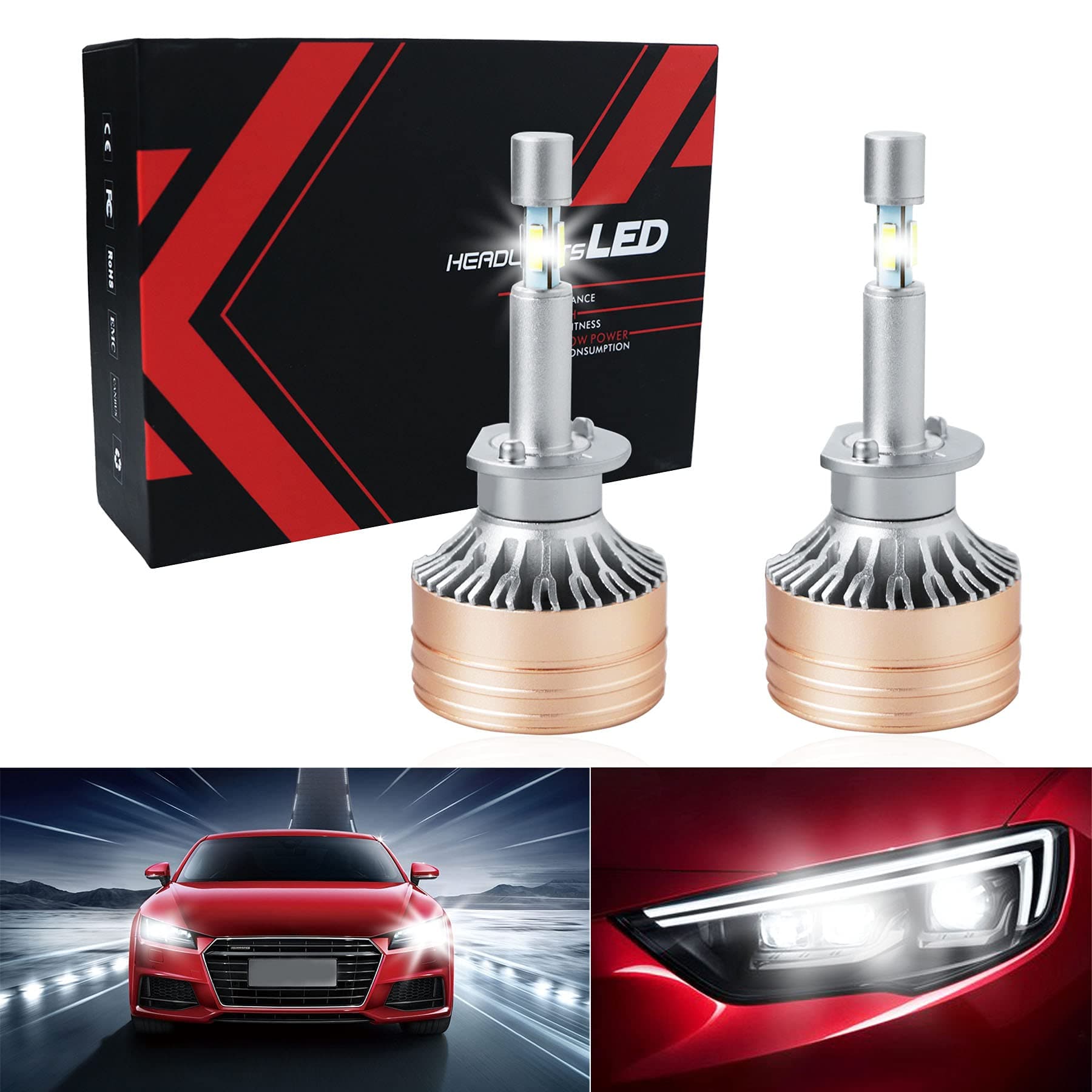 H1 LED Headlight Bulbs 4 Sides CSP Chips 360 Degree Lighting High Power 60W 12000LM Extremely Bright 6500K Cool White Conversion Kit IP68 Waterproof, Pack of 2