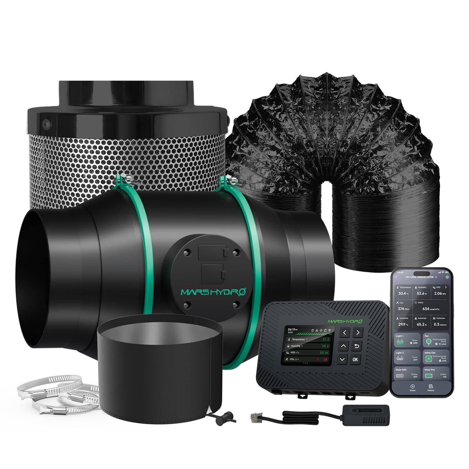 6 Inch Inline Fan and Filter, with Temperature and Humidity Controller, and 25 Feet Ducting, Exhaust Fan for Grow Tents, Hydroponics