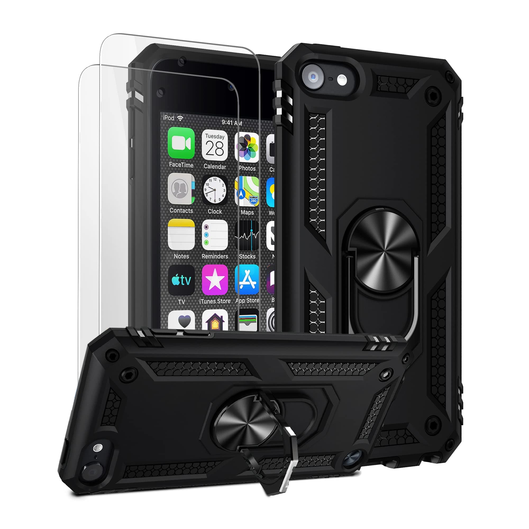 ULAK Compatible with iPod Touch 7 Case/iPod Touch 6 Case with 2 HD Screen Protectors, Hybrid Rugged Shockproof Cover with Built-in Kickstand for iPod Touch 7th/6th/5th Generation (Black)