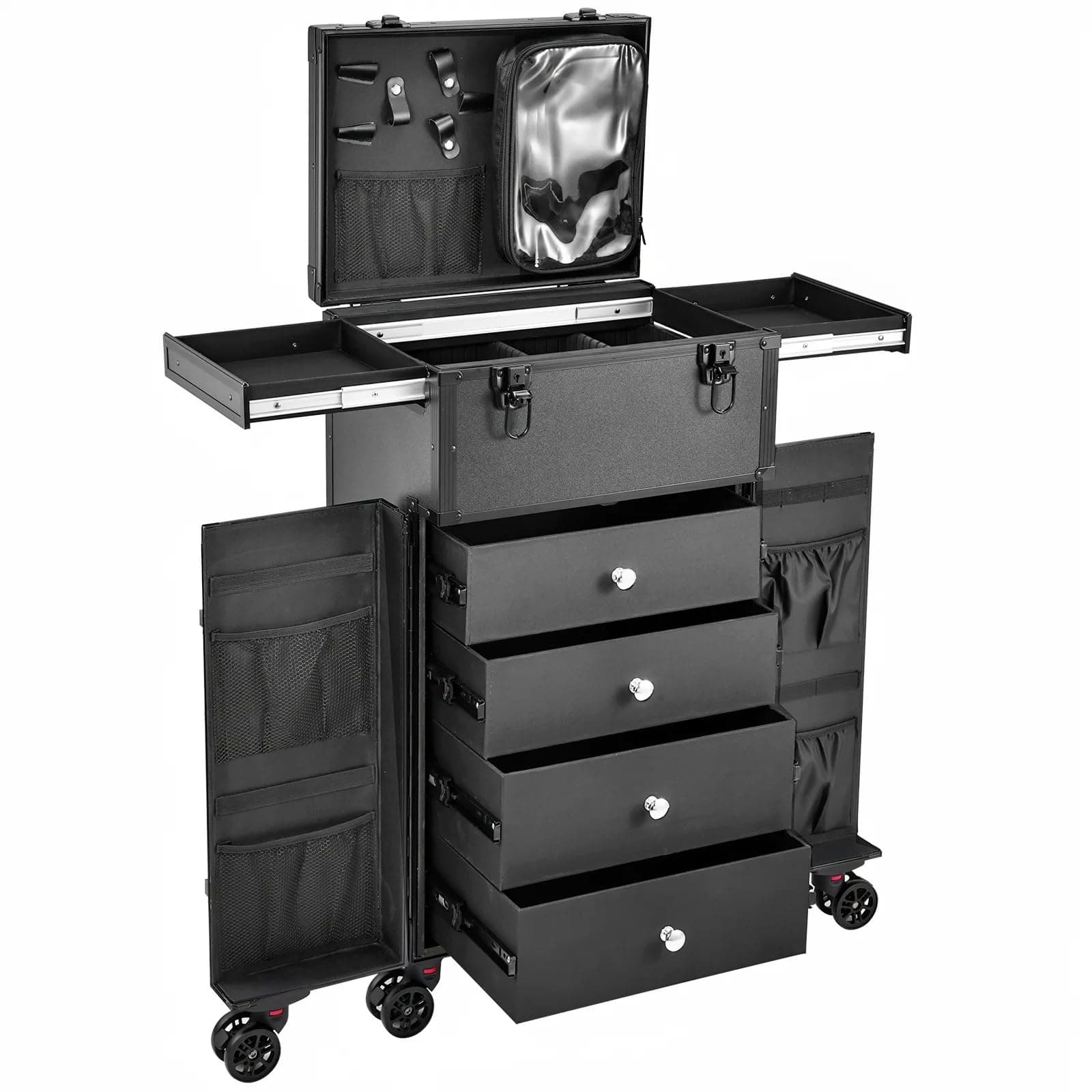 Joligrace Professional Rolling Makeup Case 4 Drawers Pro Makeup Artist Cosmetic Train Case Hairstylist Travel Case Portable Make Up Station with Multiple Compartments Extra Large - Black