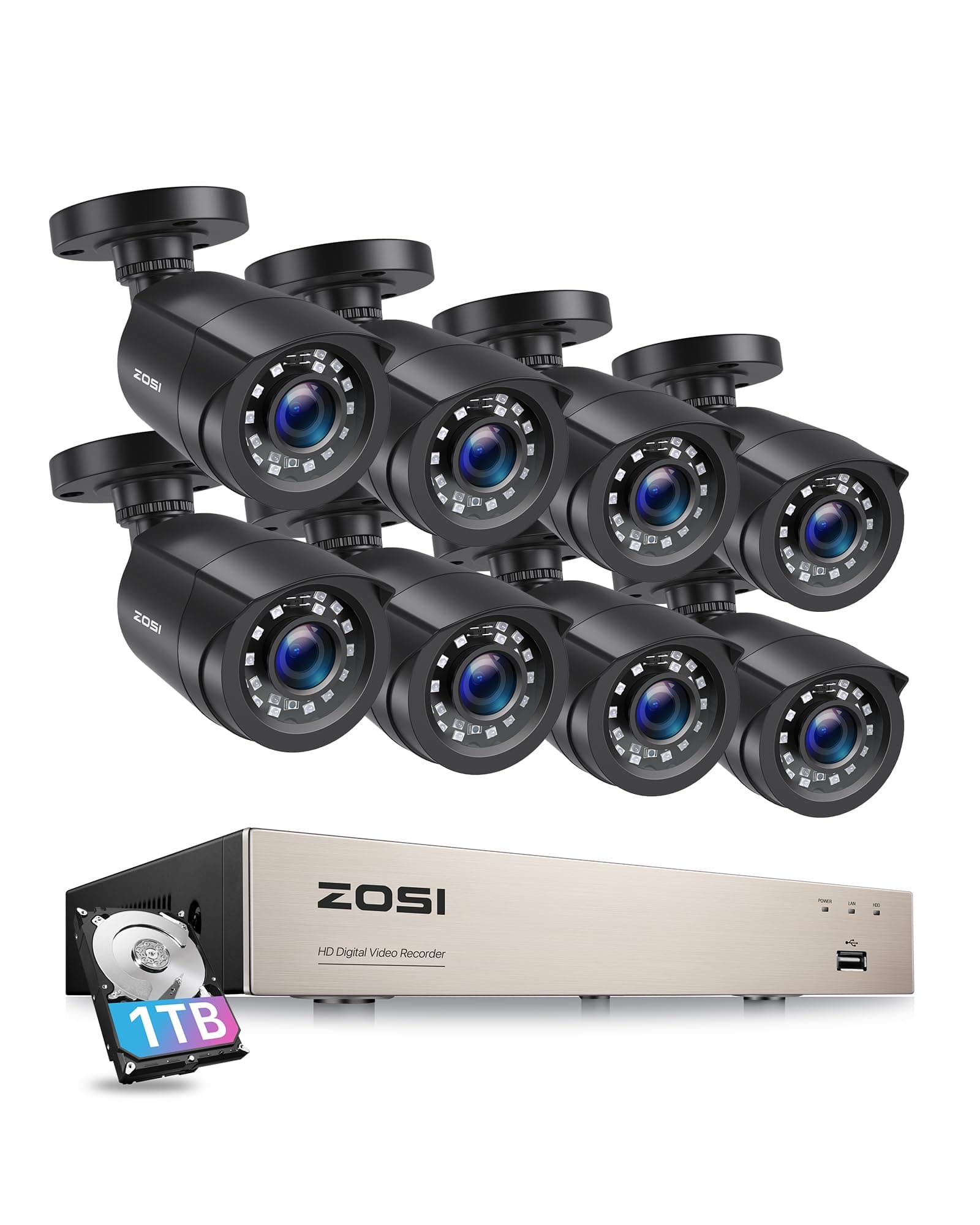 – ZOSI 8CH CCTV Camera System with AI Human Vehicle Detection, 5MP Lite DVR and 8x 1080p 1920TVL Security Cameras Outdoor Indoor, Email Alert, Smart Playback, 80ft IR-Night Vision, 1TB Hard Drive