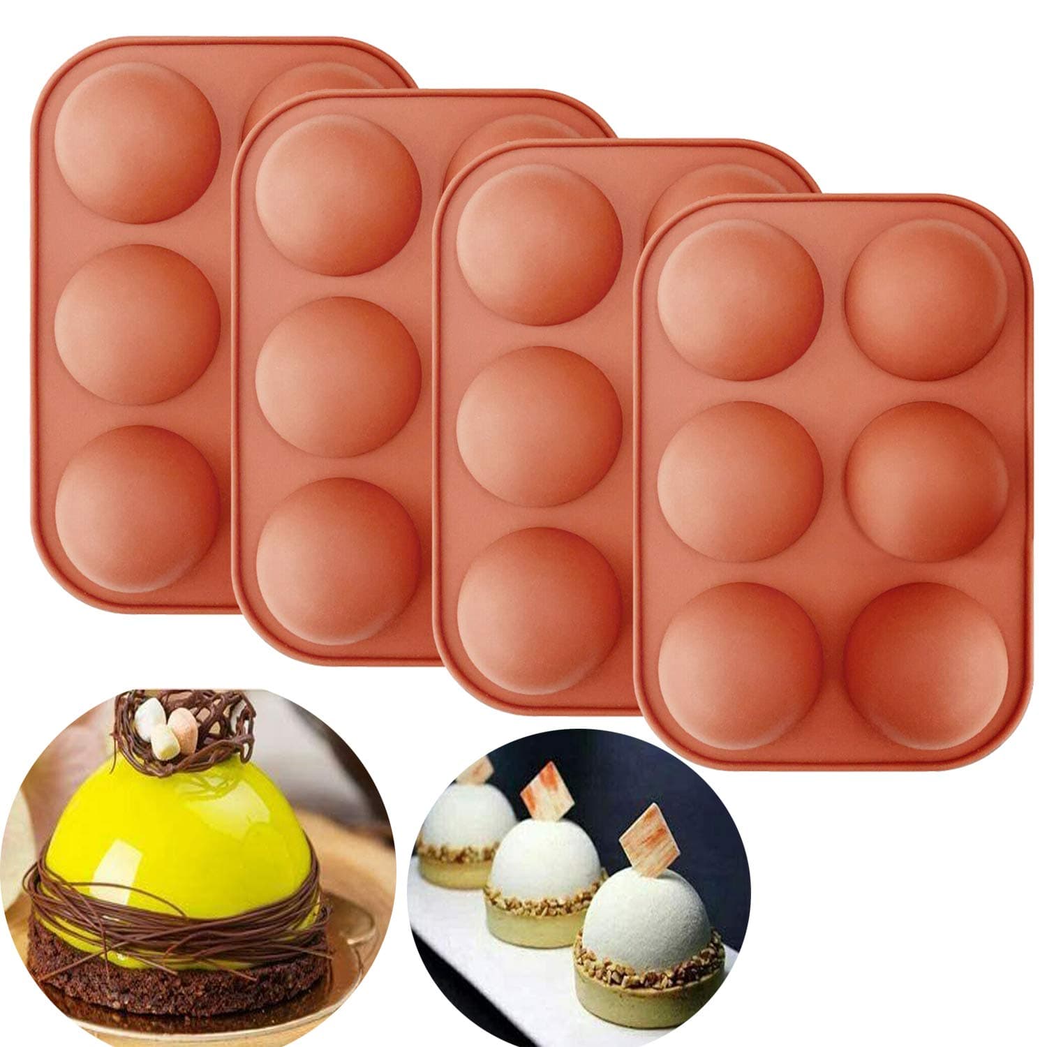 4Pack Medium Semi Spherical Silicone Mold, 6 Holes Non-Stick Baking Molds for Hot Chocolate Bomb, Cake, Jelly, Dome Mousse, BPA Free Cupcake Baking Pan. (Dia: 2'')