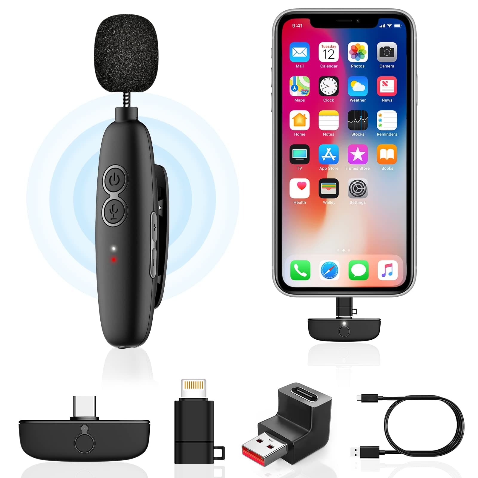 Plug&Play Wireless Lavalier Microphone for iPhone iPad Android Computer Laptop, 2.4GHz Lapel Mic for Phone Video Recording, YouTube Facebook Live Stream- Noise Reduction/Recording Function