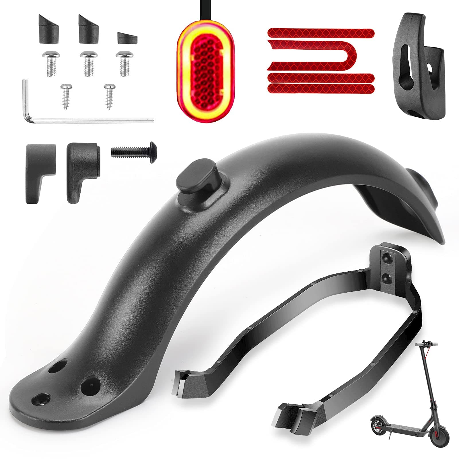 TAGVO Rear Fender Bracket & Tail Light & Mudguard & Front Hook & Reflective Strap for Xiaomi M365 / M365 Pro Electric Scooter Replacement Accessory with Screws, Caps