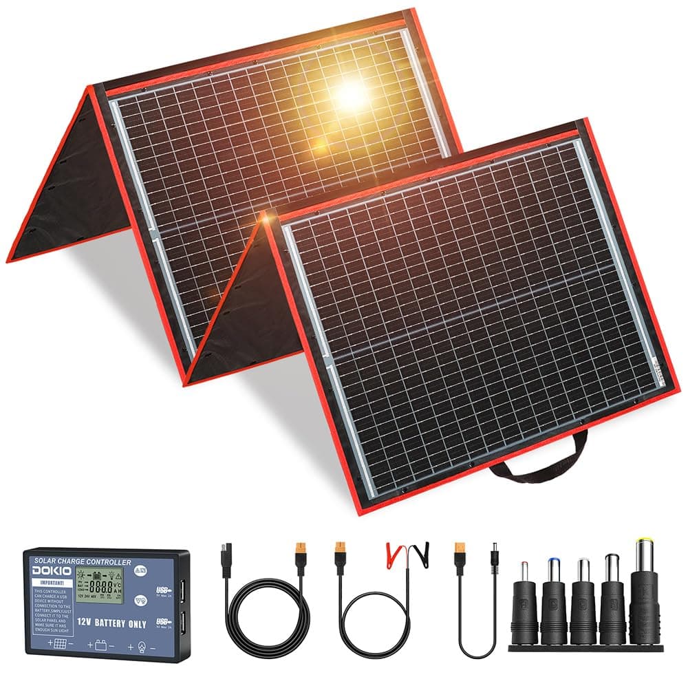 DOKIO 150W Portable Foldable Solar Panel Kit, Compact 21x20in Design 7.3lb with Standalone Controller and USB, Monocrystalline Charger for 12V Batteries, Power Stations, RV Camping Emergency Use