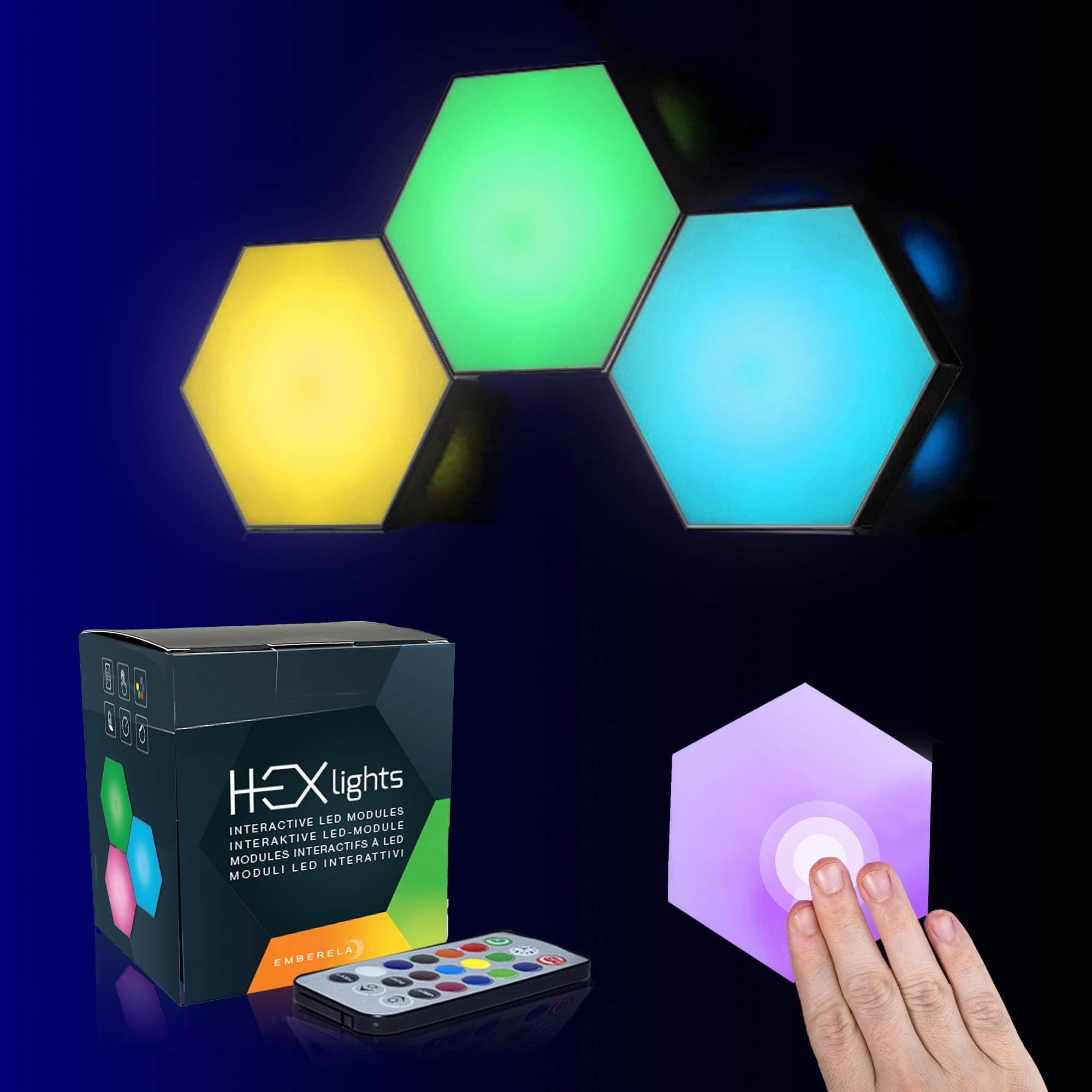 HEXlights 3-Pack Hexagon Lights, Touch & Remote Controlled RGB Wall Panels, Hexagon LED Lights Panels - Great for Living Room, Bedroom & Game Room Decor - Includes Table Stand