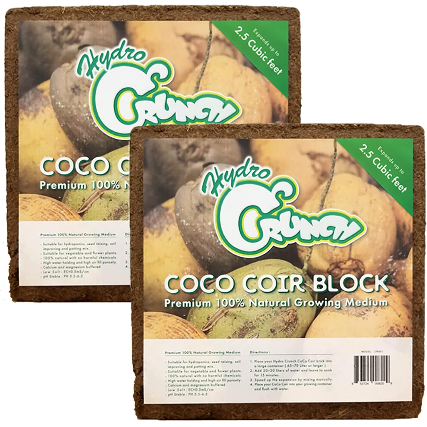 Hydro Crunch CB801-2PK Coco Coir Block 2.5 Cubic Ft Block (2-Pack), Brown