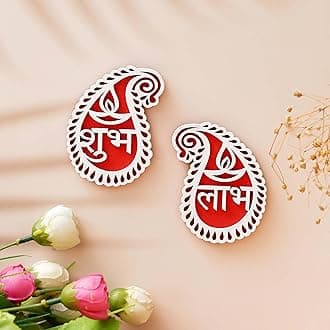 eCraftIndia White & Red Buta or Paisley Shaped Wooden Shubh Labh with Diya Decorative Showpieces for Diwali, Navratri, Ganesh Chaturthi Festival Decor - Diwali Decoration Items for Home Decor